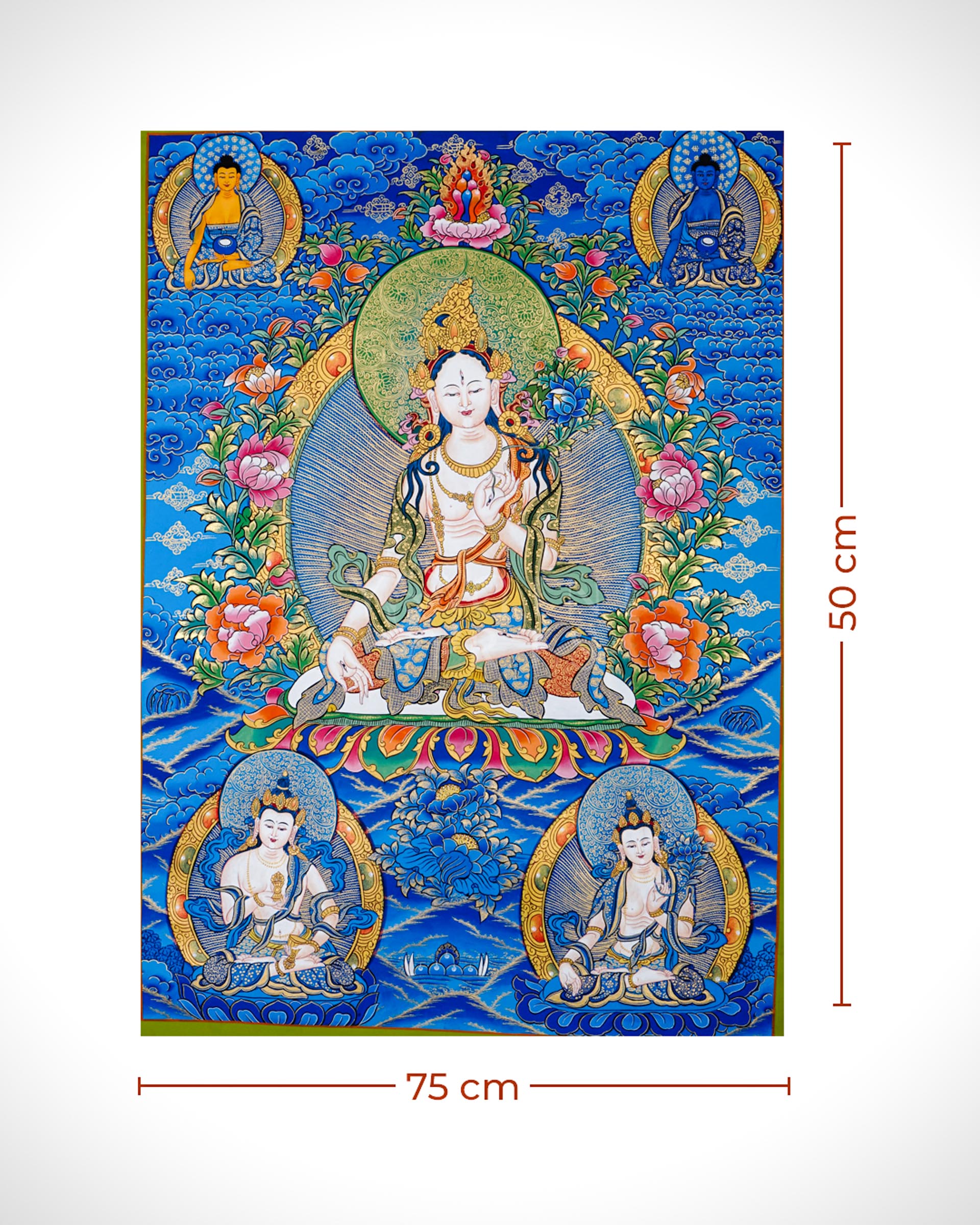 Tibetan thangka of White Tara seated on a lotus throne with seven eyes of wisdom, surrounded by attendant forms, hand-painted with traditional Himalayan Buddhist iconography