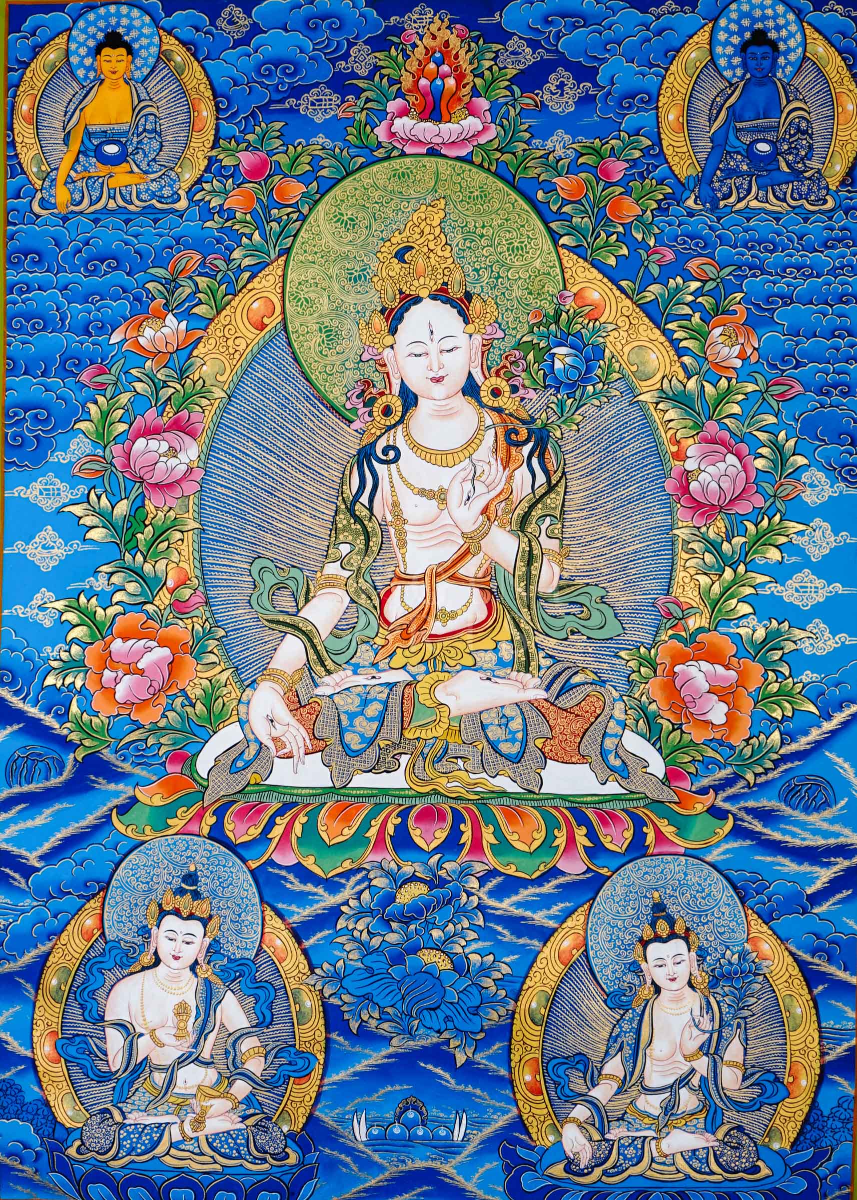 Tibetan thangka of White Tara seated on a lotus throne with seven eyes of wisdom, surrounded by attendant forms, hand-painted with traditional Himalayan Buddhist iconography