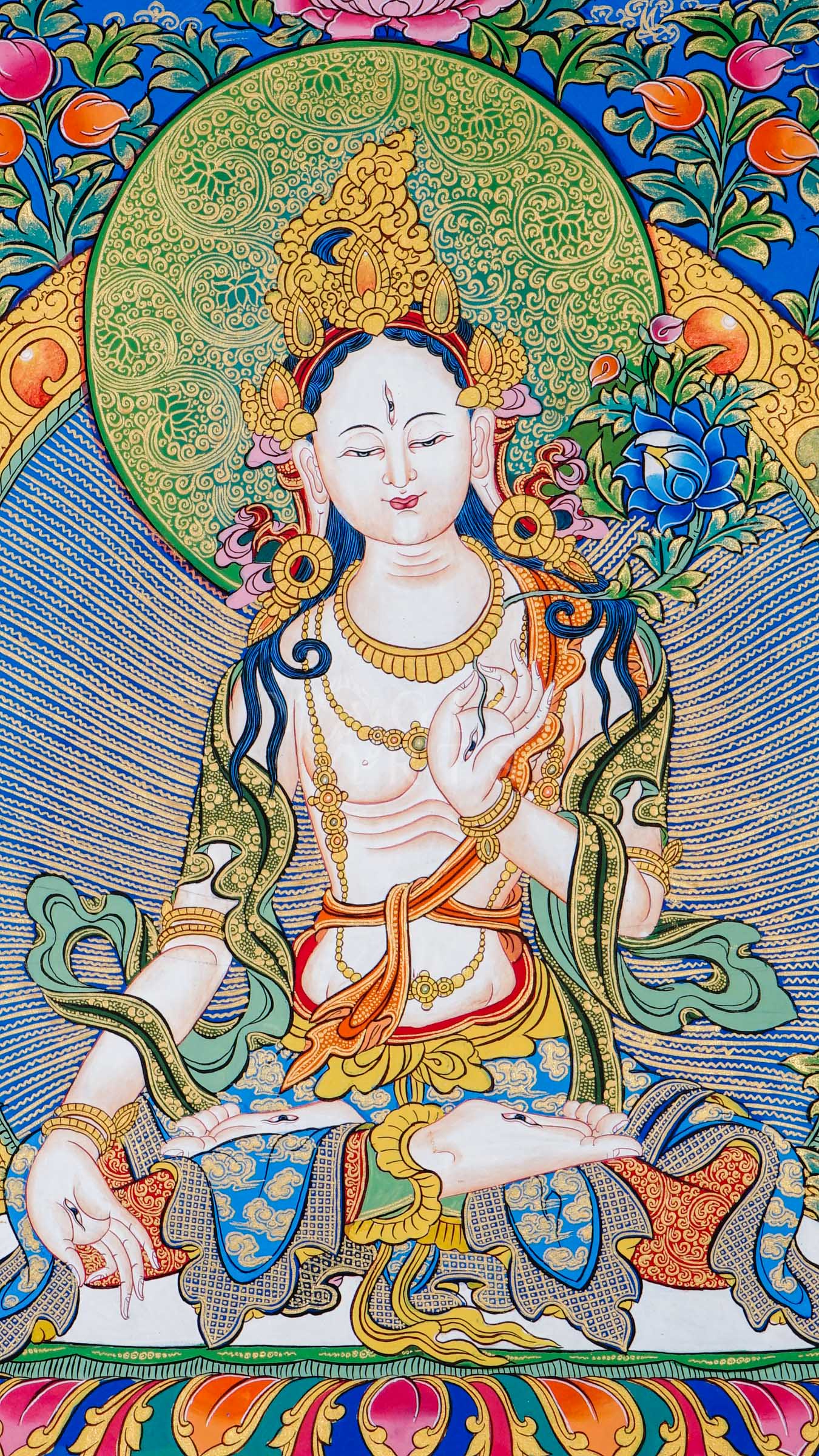 Tibetan thangka of White Tara seated on a lotus throne with seven eyes of wisdom, surrounded by attendant forms, hand-painted with traditional Himalayan Buddhist iconography