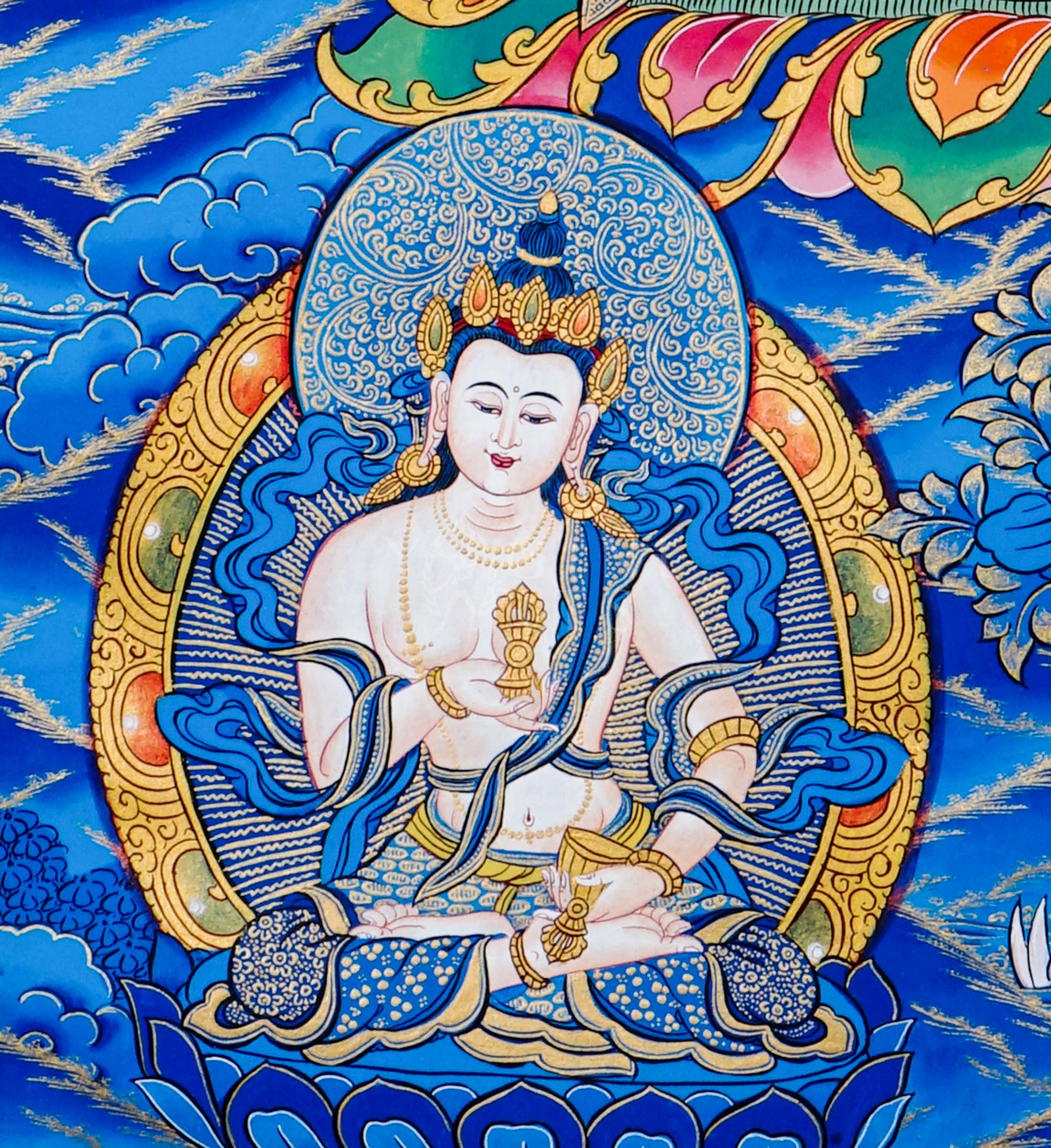 Tibetan thangka of White Tara seated on a lotus throne with seven eyes of wisdom, surrounded by attendant forms, hand-painted with traditional Himalayan Buddhist iconography