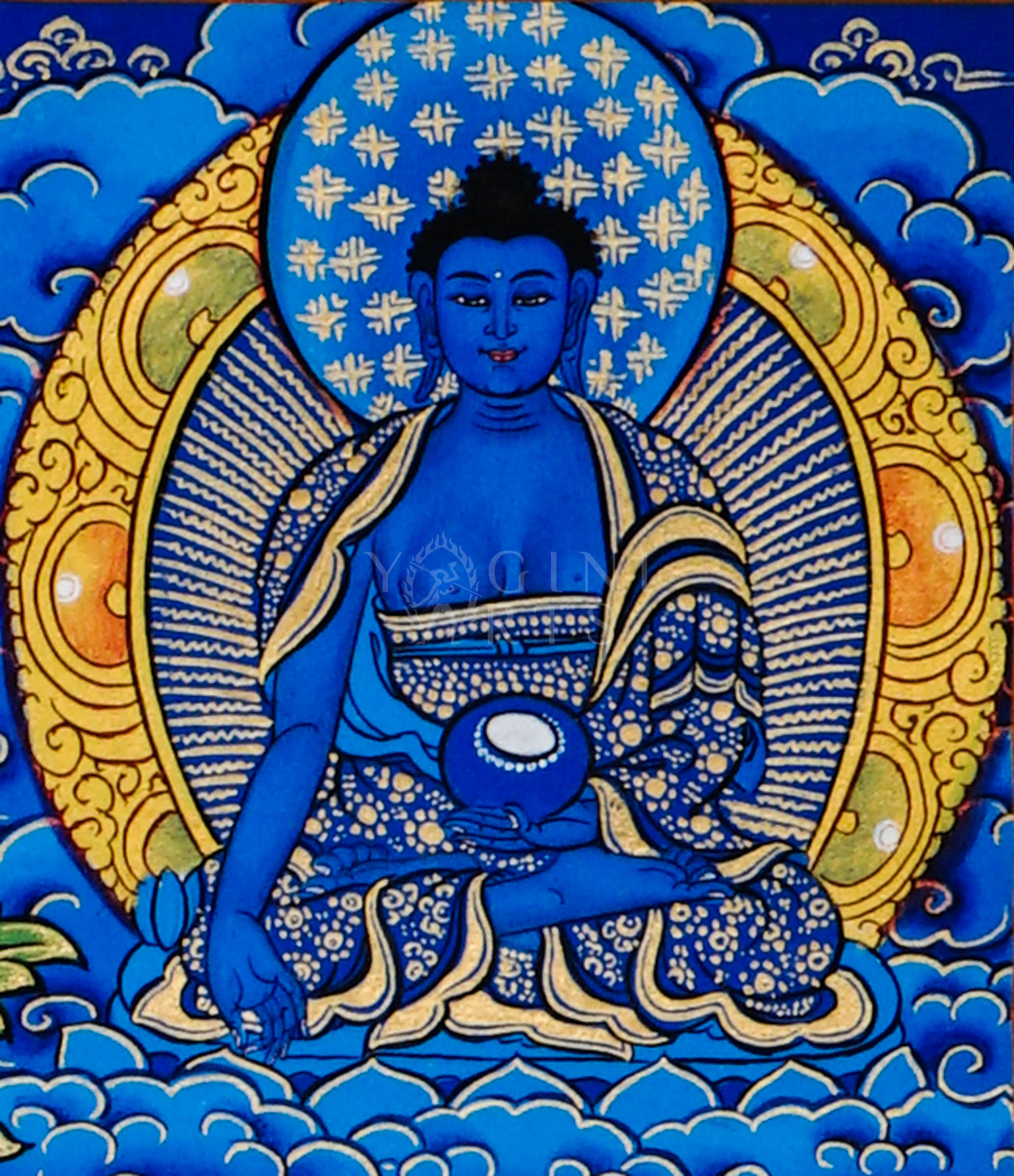 Tibetan thangka of White Tara seated on a lotus throne with seven eyes of wisdom, surrounded by attendant forms, hand-painted with traditional Himalayan Buddhist iconography