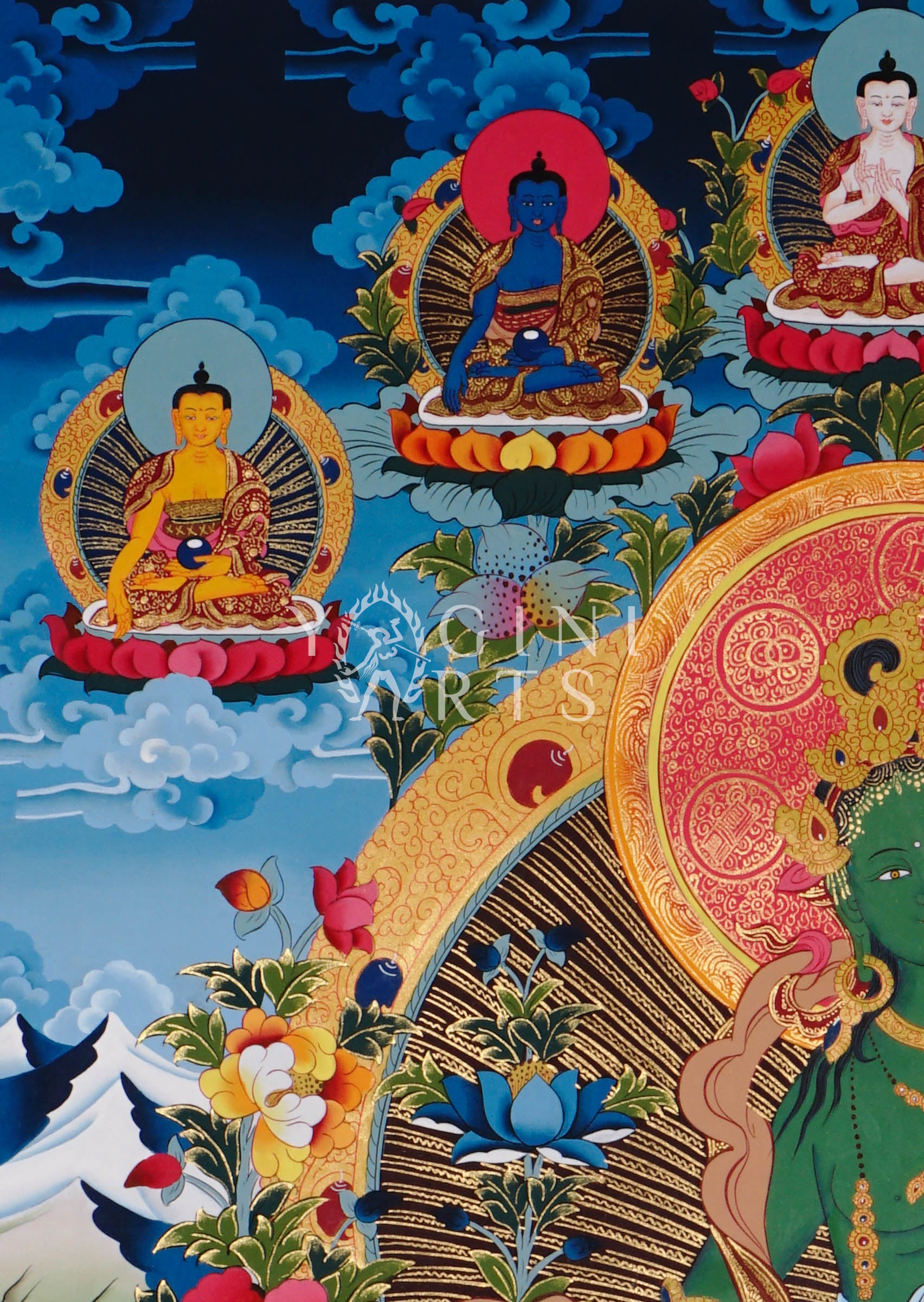 reen Tara thangka featuring the Buddhist goddess of compassion seated on a lotus throne surrounded by enlightened Buddhas and sacred Himalayan symbolism