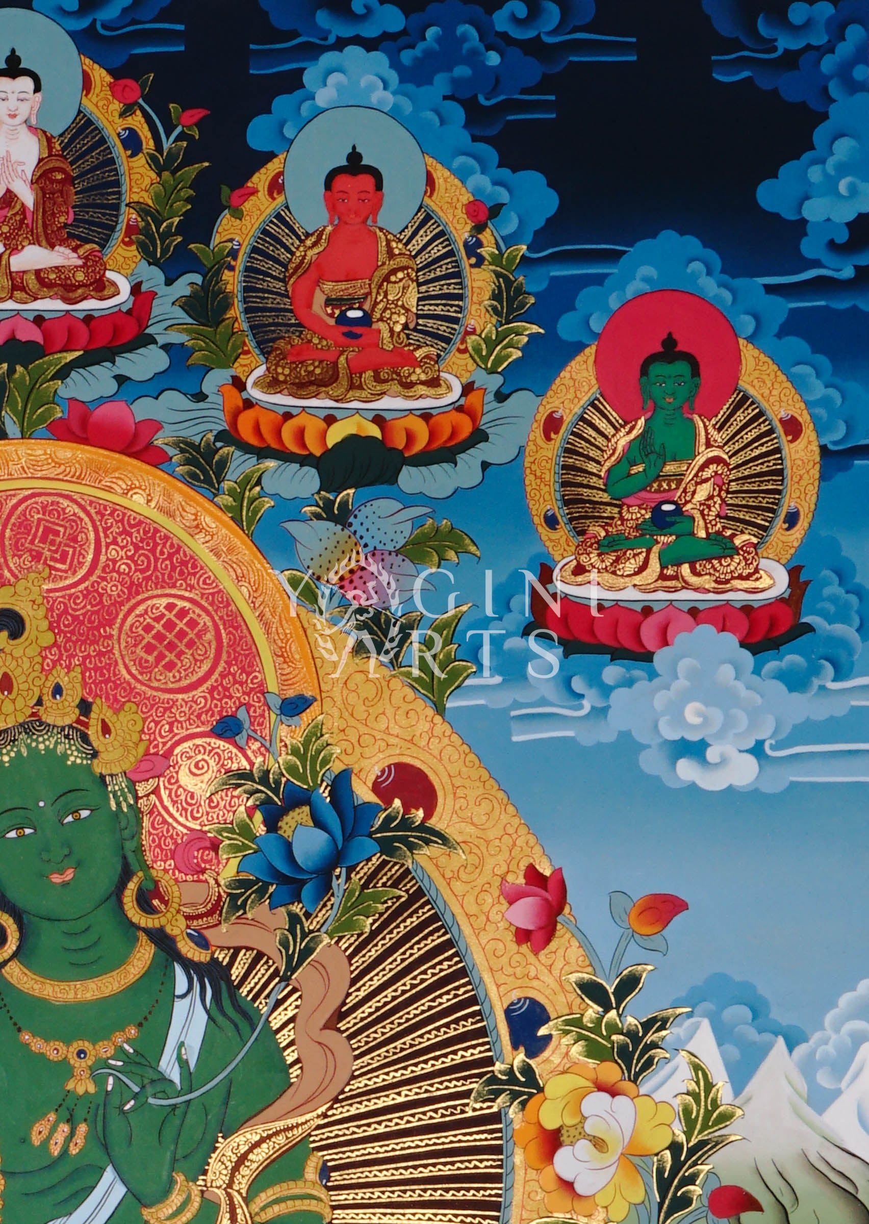 reen Tara thangka featuring the Buddhist goddess of compassion seated on a lotus throne surrounded by enlightened Buddhas and sacred Himalayan symbolism