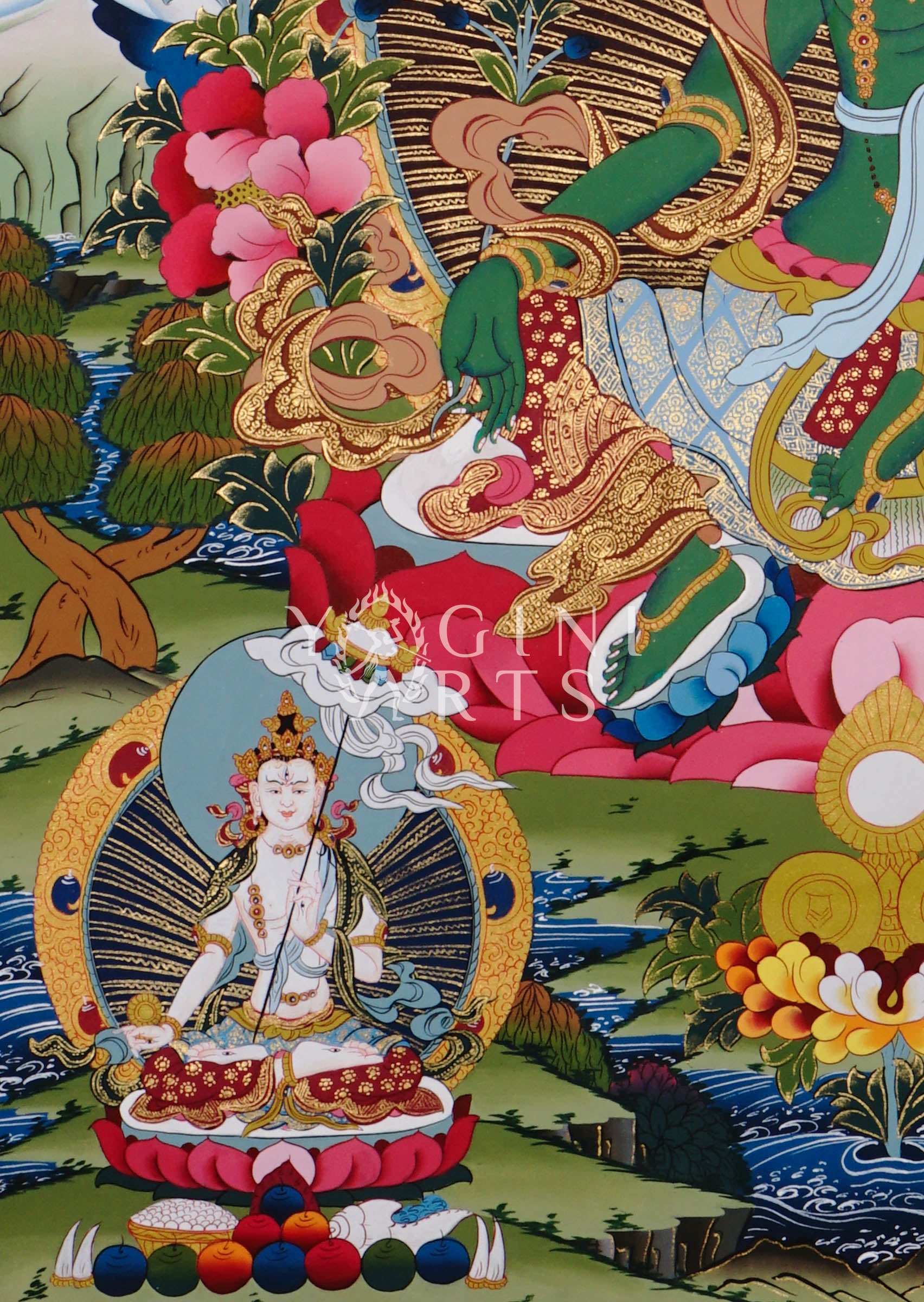 reen Tara thangka featuring the Buddhist goddess of compassion seated on a lotus throne surrounded by enlightened Buddhas and sacred Himalayan symbolism