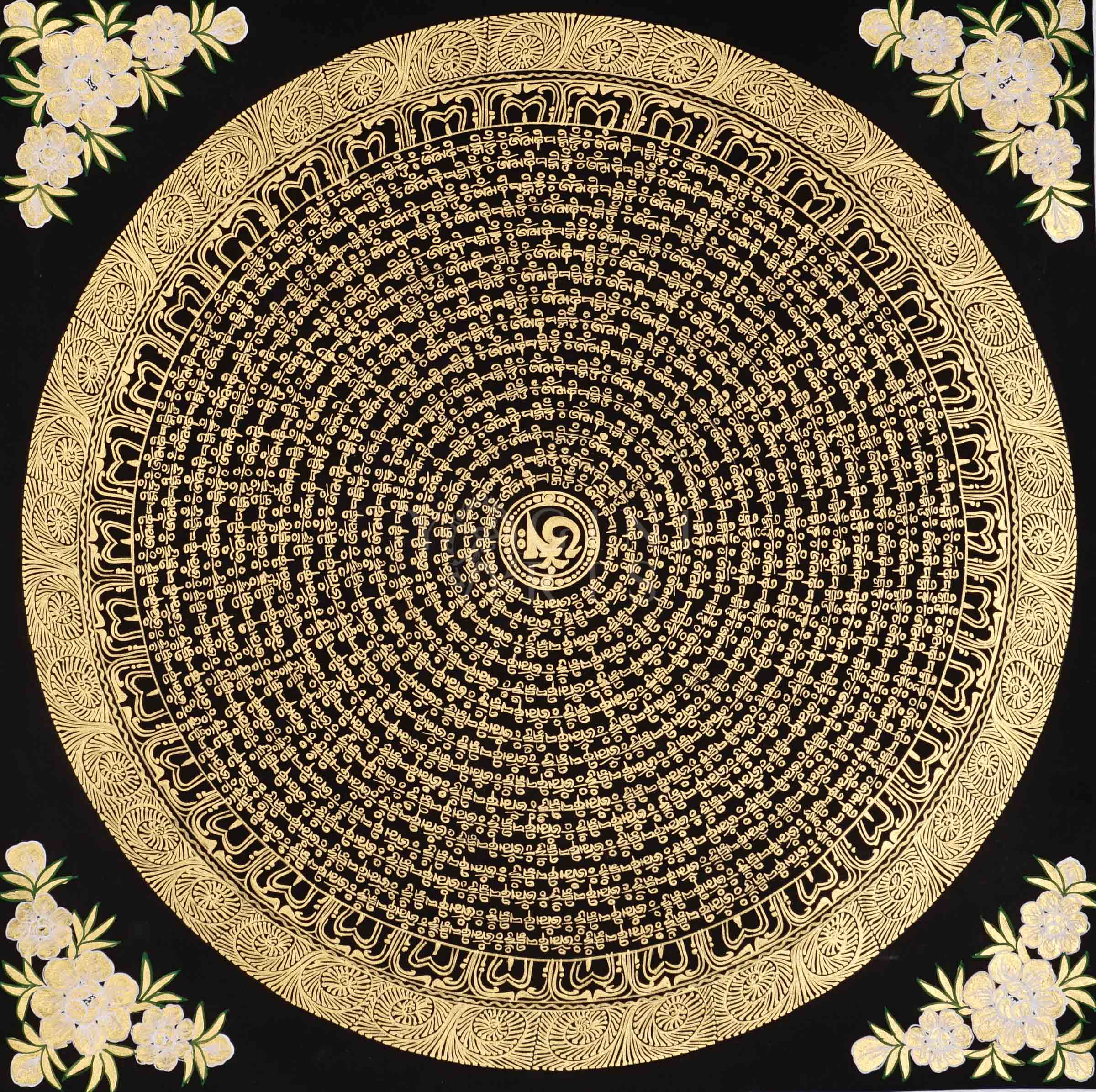 Hand-painted Tibetan Golden Mantra Mandala thangka featuring intricate sacred Tibetan calligraphy in concentric circular patterns on a black background with floral corner motifs.