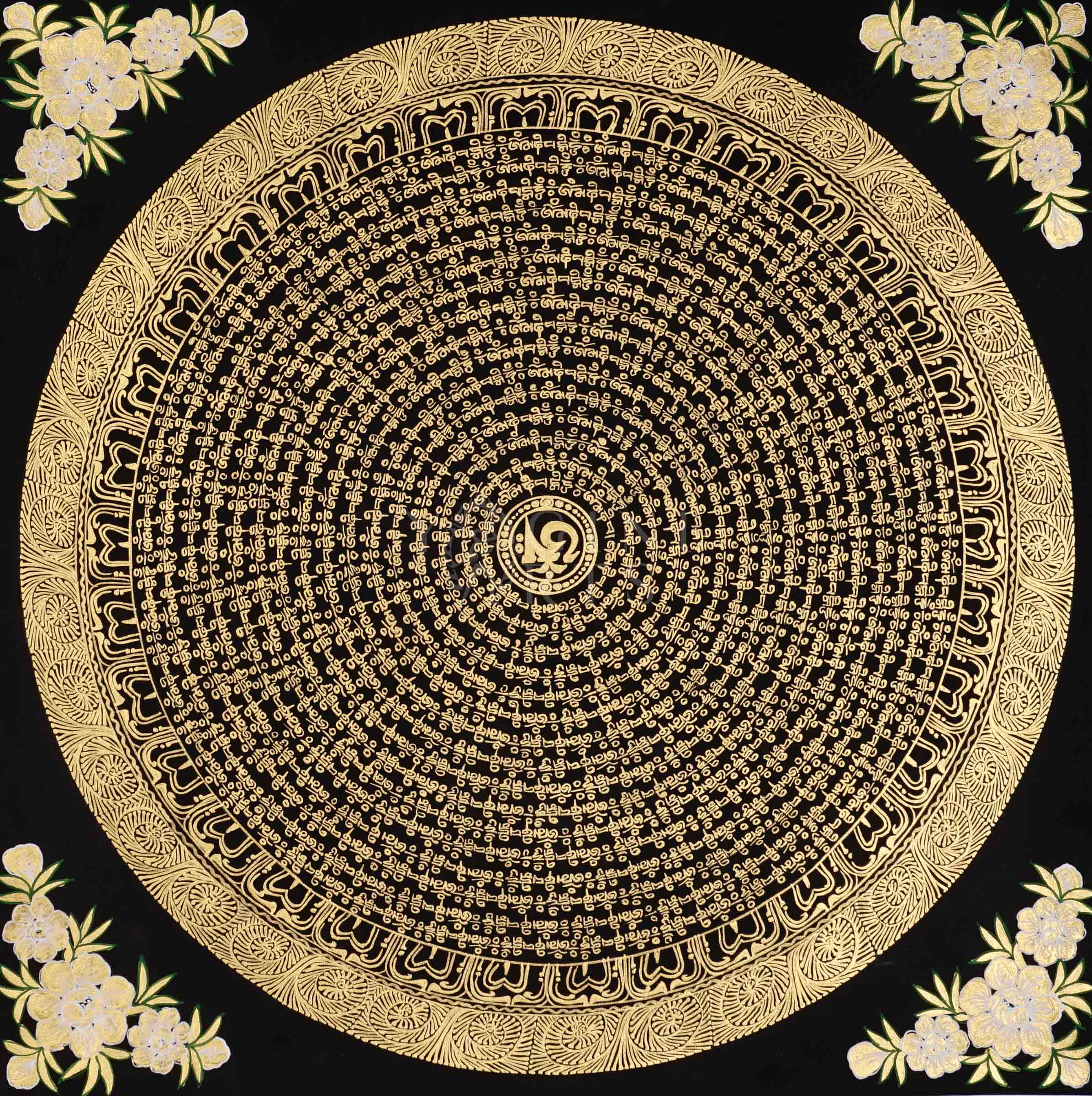 Hand-painted Tibetan Golden Mantra Mandala thangka featuring intricate sacred Tibetan calligraphy in concentric circular patterns on a black background with floral corner motifs.