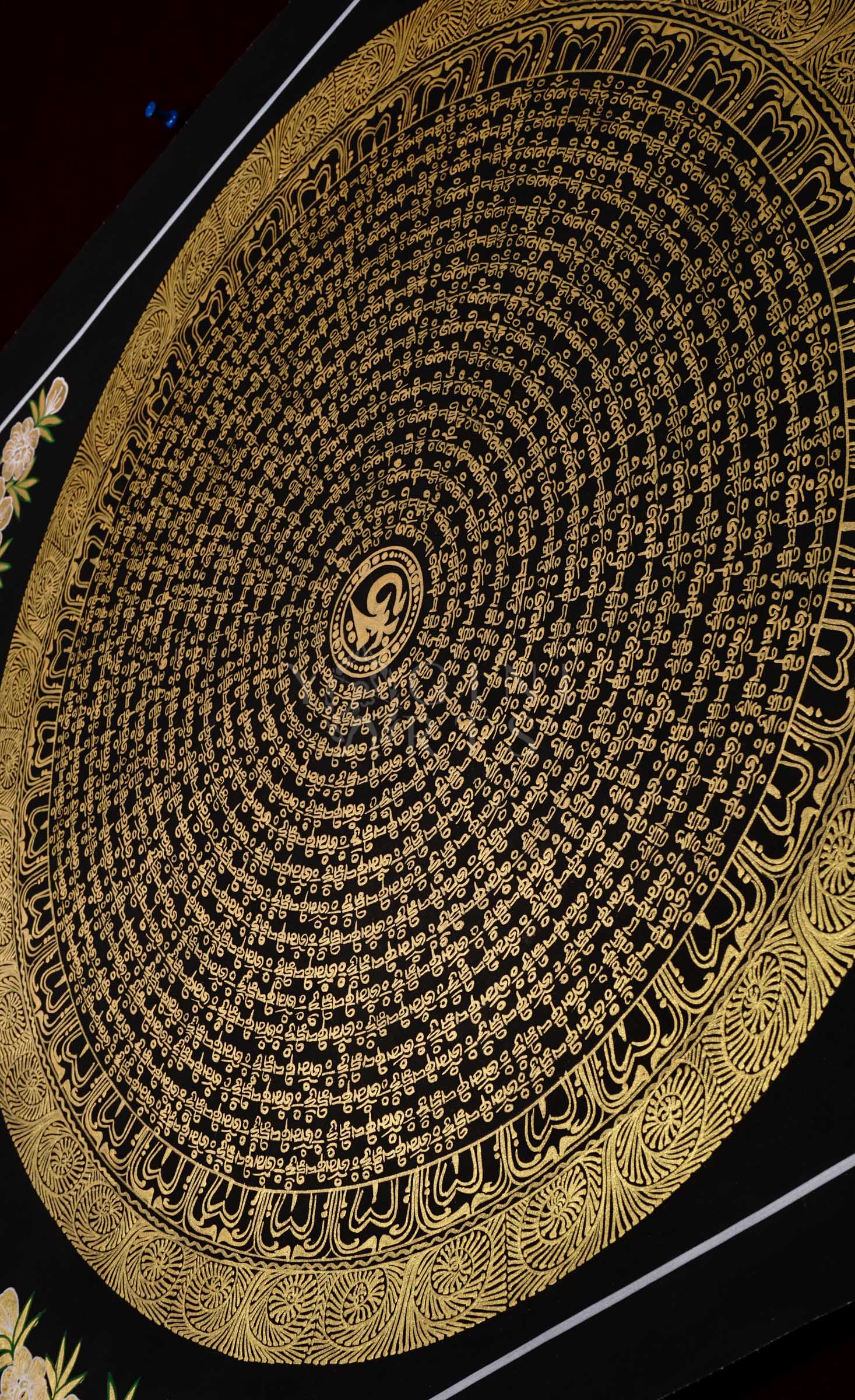 Hand-painted Tibetan Golden Mantra Mandala thangka featuring intricate sacred Tibetan calligraphy in concentric circular patterns on a black background with floral corner motifs.