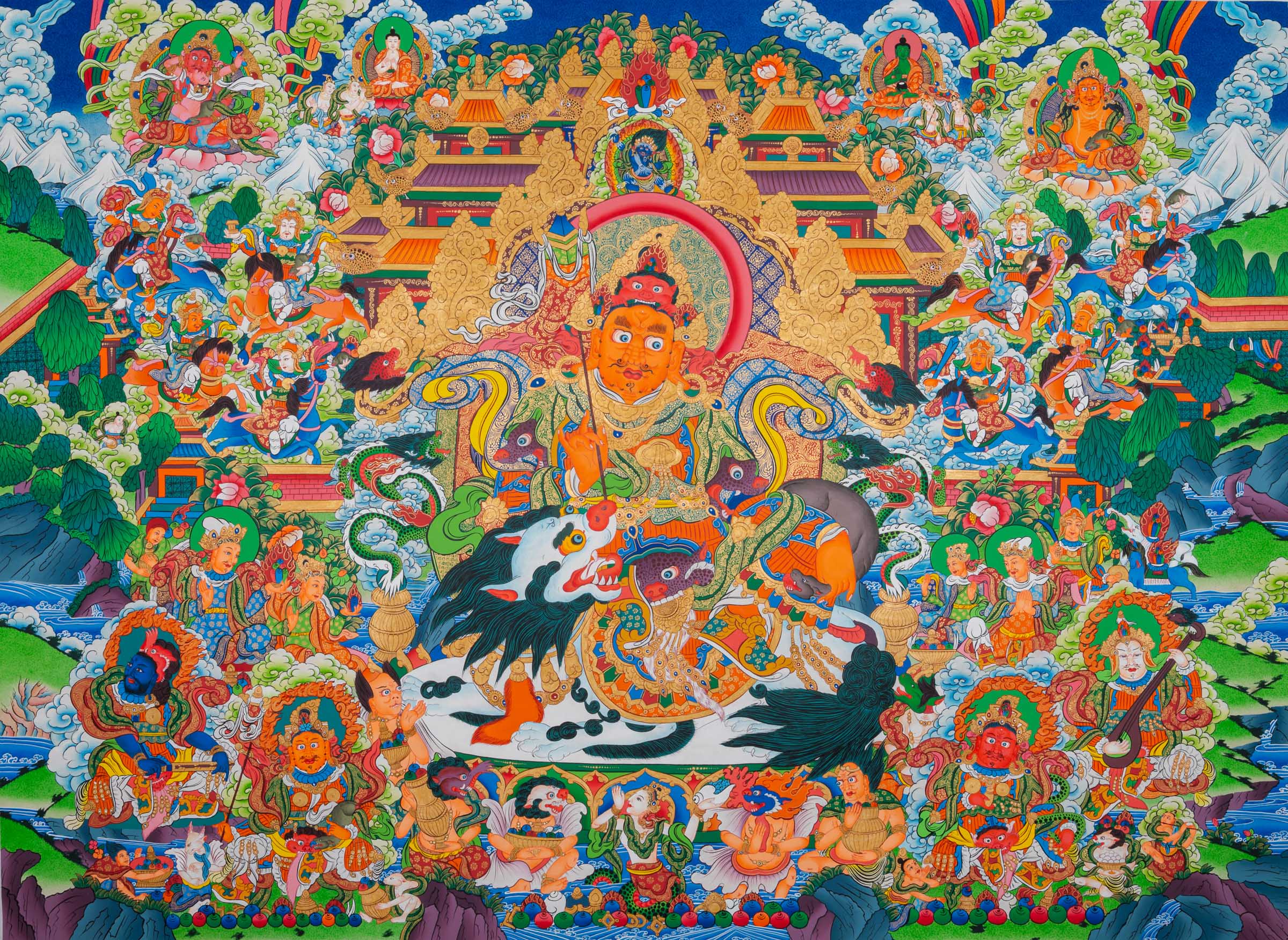 Tibetan Buddhist thangka painting of Zambala (Dzambhala), the deity of wealth and prosperity, depicted in royal posture holding a jewel-spouting mongoose and a treasure vase, seated amid a richly detailed paradise landscape with palatial architecture, snow mountains, flowing rivers, and numerous attendant deities and guardians, finely hand-painted in traditional Tibetan style using vibrant mineral pigments.