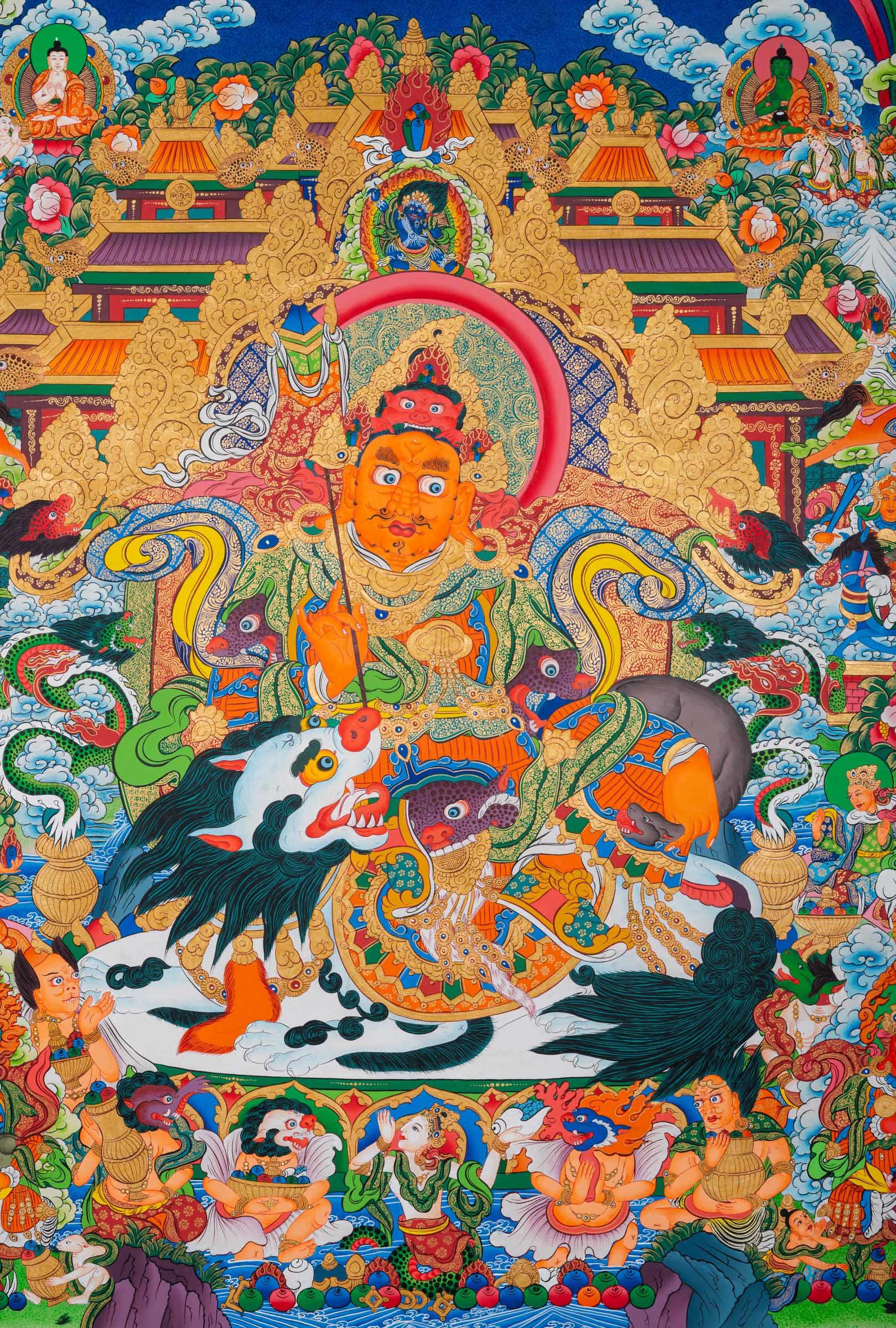 Tibetan Buddhist thangka painting of Zambala (Dzambhala), the deity of wealth and prosperity, depicted in royal posture holding a jewel-spouting mongoose and a treasure vase, seated amid a richly detailed paradise landscape with palatial architecture, snow mountains, flowing rivers, and numerous attendant deities and guardians, finely hand-painted in traditional Tibetan style using vibrant mineral pigments.