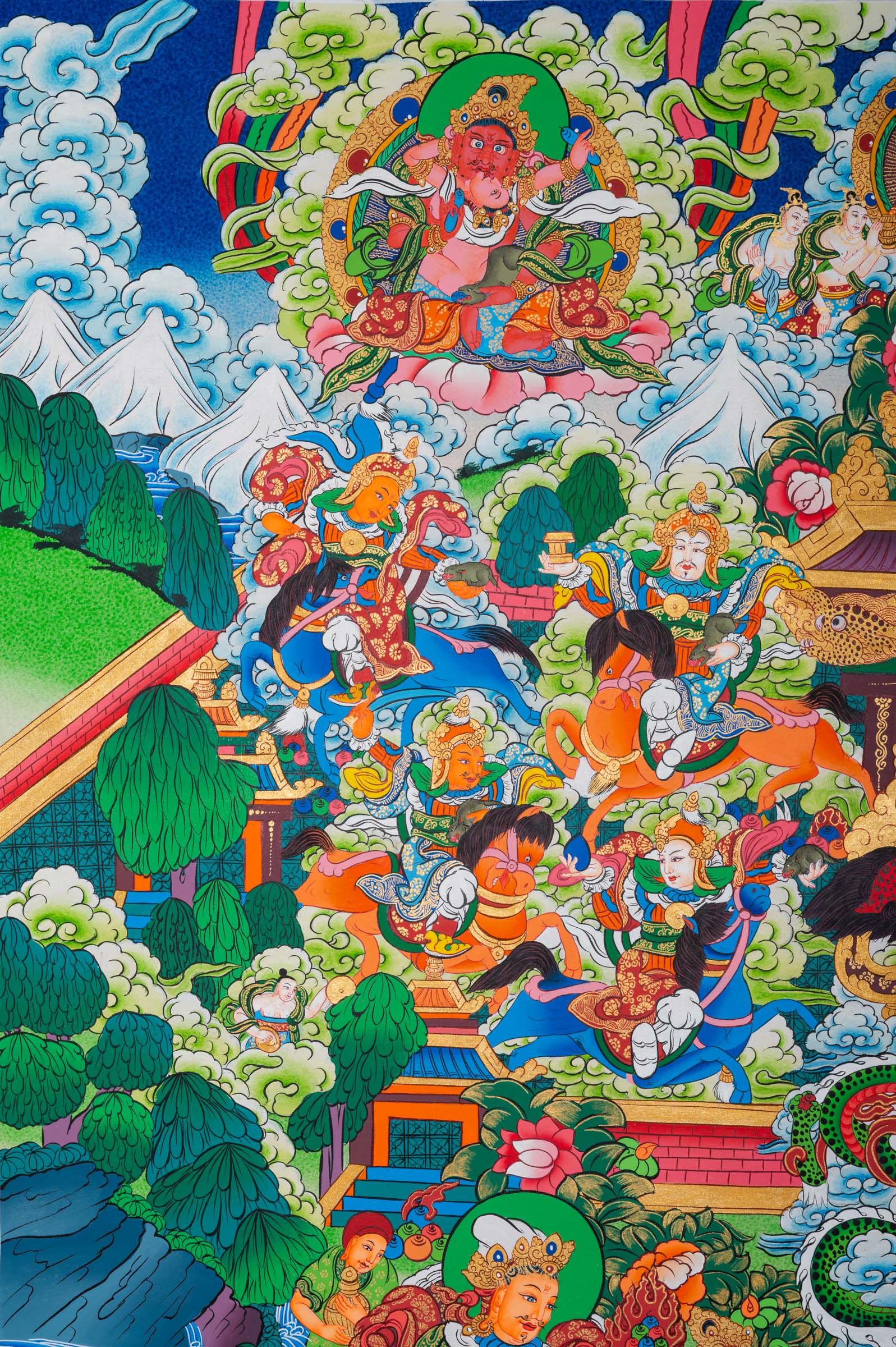 Tibetan Buddhist thangka painting of Zambala (Dzambhala), the deity of wealth and prosperity, depicted in royal posture holding a jewel-spouting mongoose and a treasure vase, seated amid a richly detailed paradise landscape with palatial architecture, snow mountains, flowing rivers, and numerous attendant deities and guardians, finely hand-painted in traditional Tibetan style using vibrant mineral pigments.
