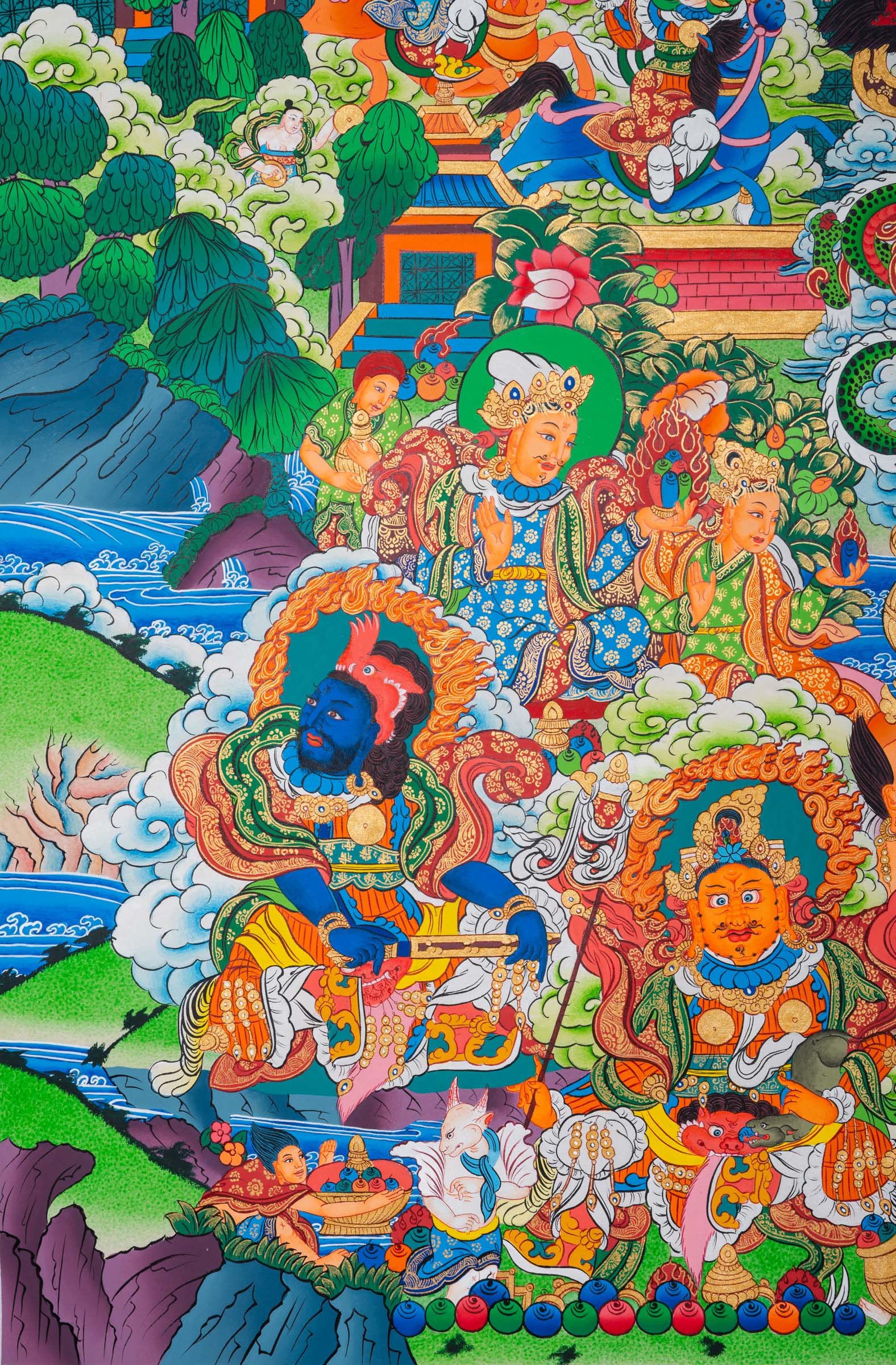 Tibetan Buddhist thangka painting of Zambala (Dzambhala), the deity of wealth and prosperity, depicted in royal posture holding a jewel-spouting mongoose and a treasure vase, seated amid a richly detailed paradise landscape with palatial architecture, snow mountains, flowing rivers, and numerous attendant deities and guardians, finely hand-painted in traditional Tibetan style using vibrant mineral pigments.