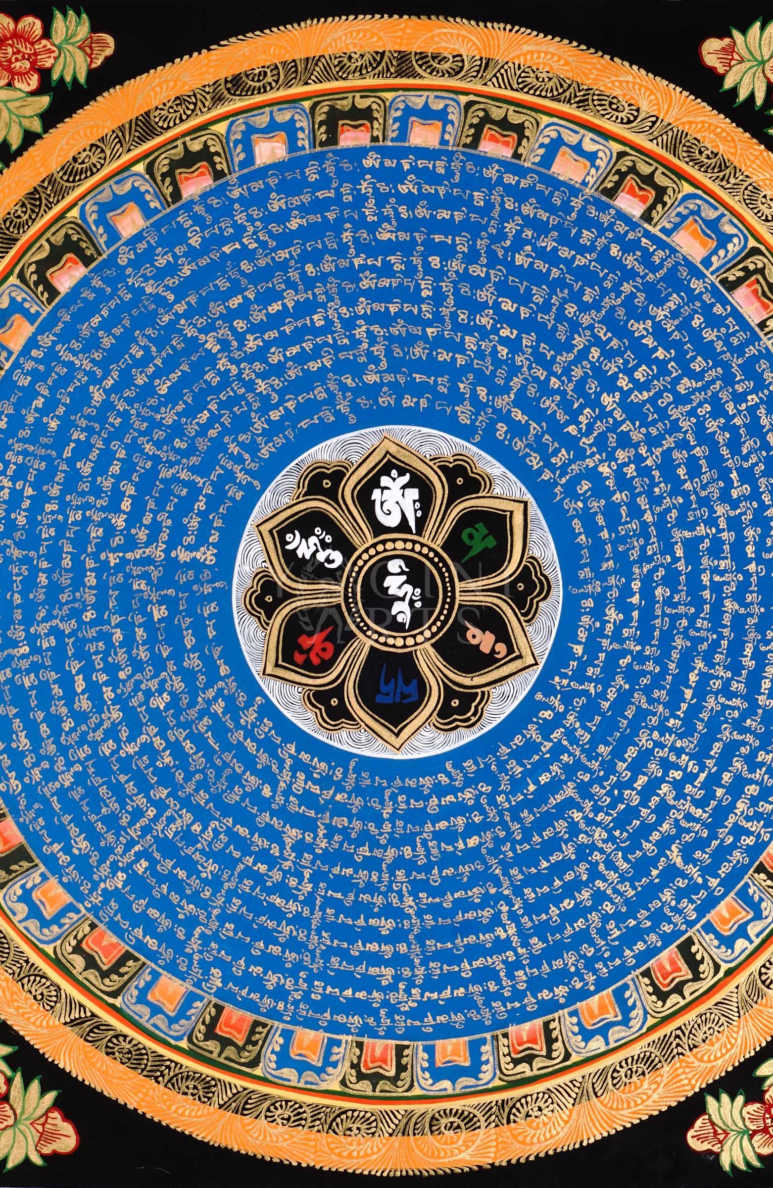 Hand-painted Tibetan Blue Mantra Mandala thangka featuring sacred Tibetan calligraphy arranged in concentric circles around a central lotus emblem with ornate floral borders.