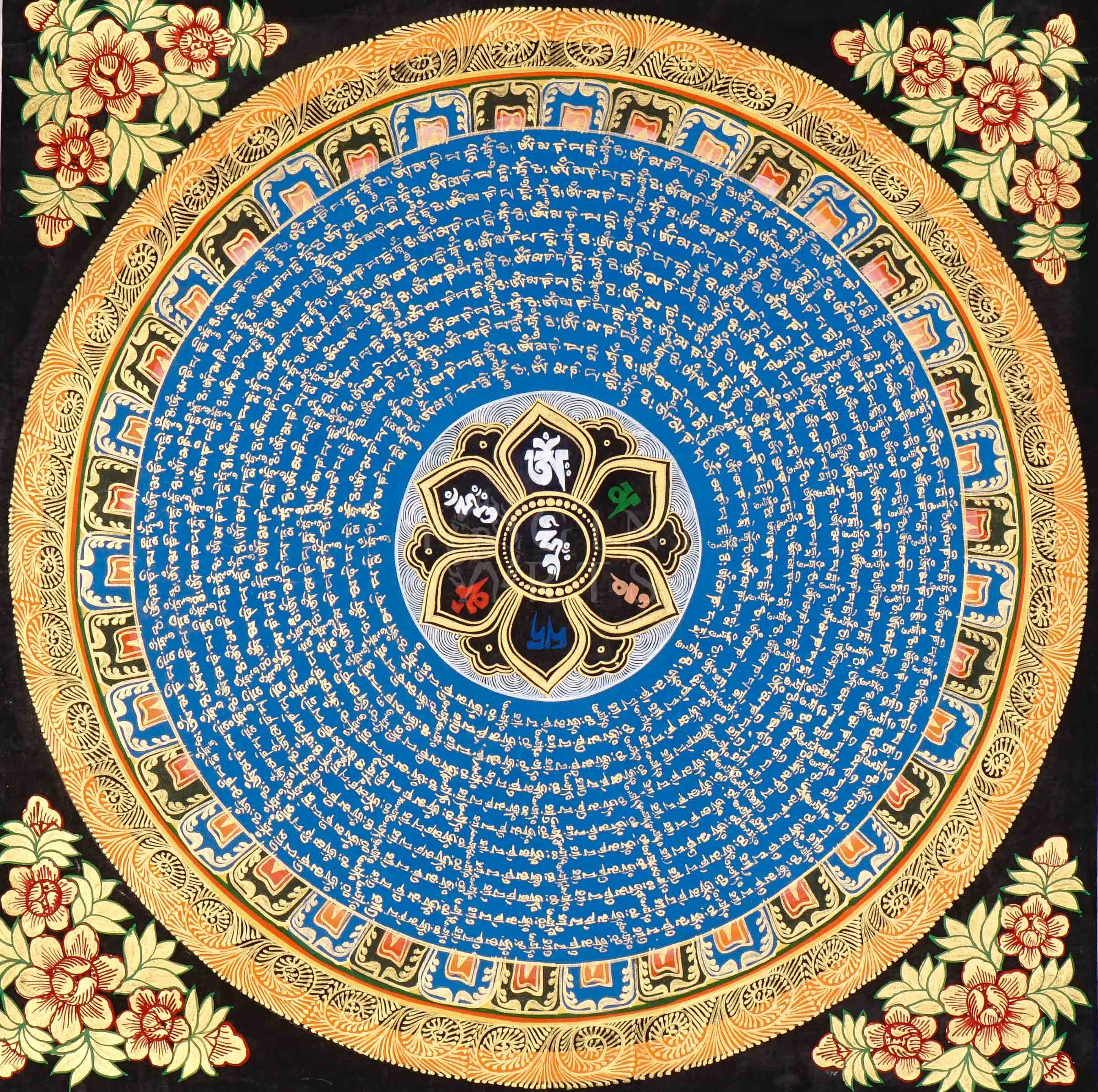 Hand-painted Tibetan Blue Mantra Mandala thangka featuring sacred Tibetan calligraphy arranged in concentric circles around a central lotus emblem with ornate floral borders.