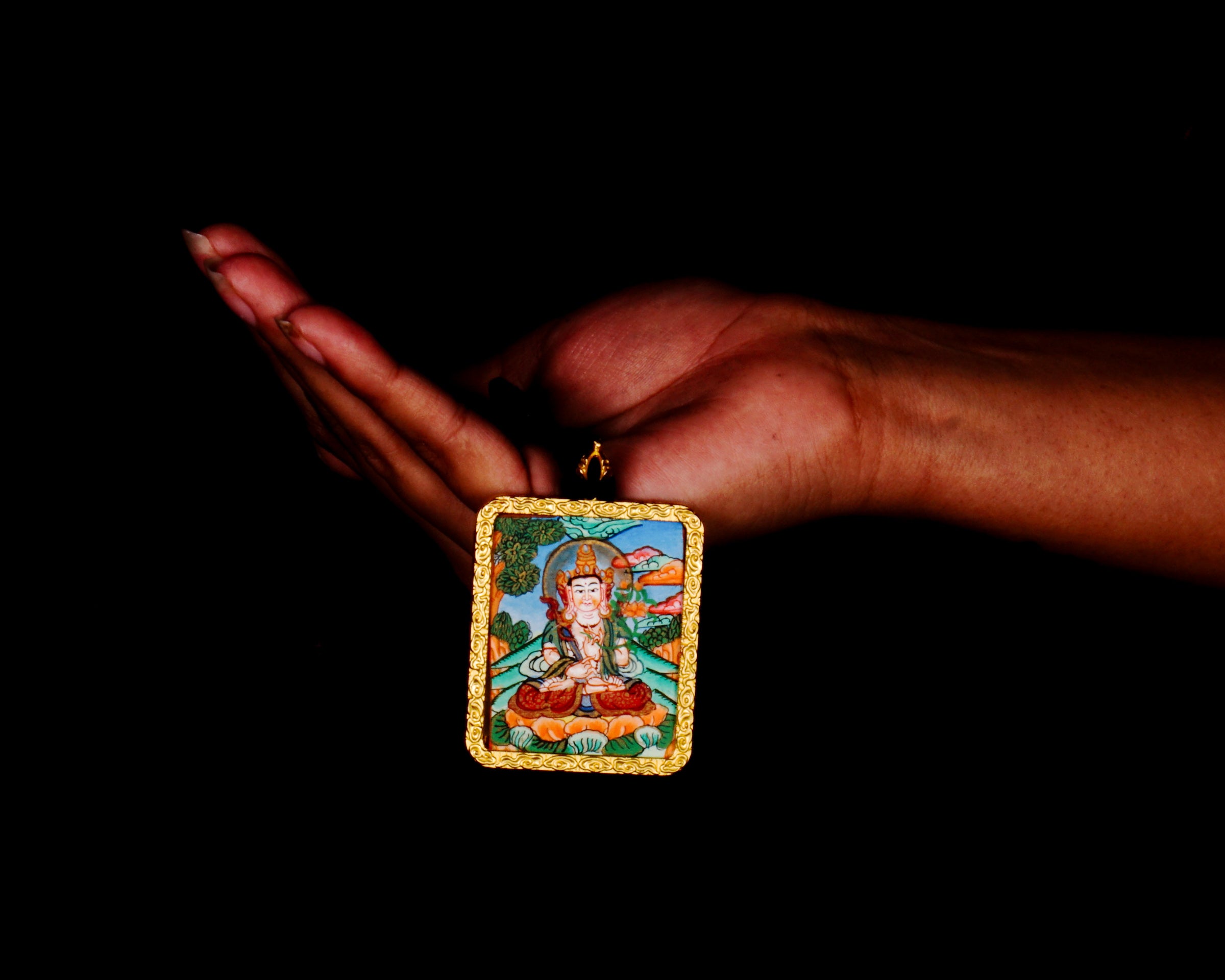 Hand-painted Fushen Fusa Bodhisattva miniature Thangka pendant in gold-accented copper Ghau locket with black beaded cord.