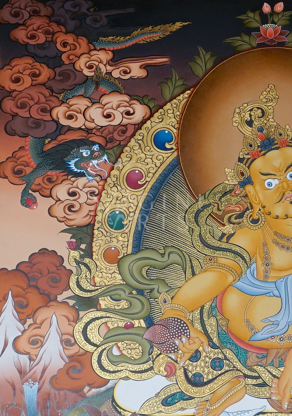 Hand-painted Yellow Zambhala Thangka with Green Tara and Black Dzambhala featuring natural mineral pigments, gold detailing, lotus throne, and traditional Himalayan landscape.
