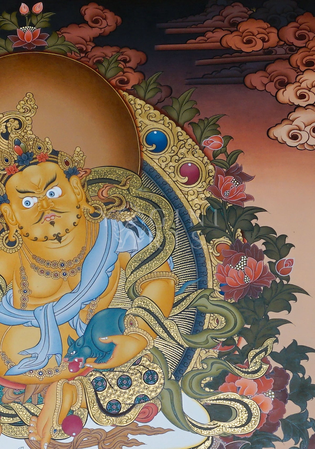 Hand-painted Yellow Zambhala Thangka with Green Tara and Black Dzambhala featuring natural mineral pigments, gold detailing, lotus throne, and traditional Himalayan landscape.