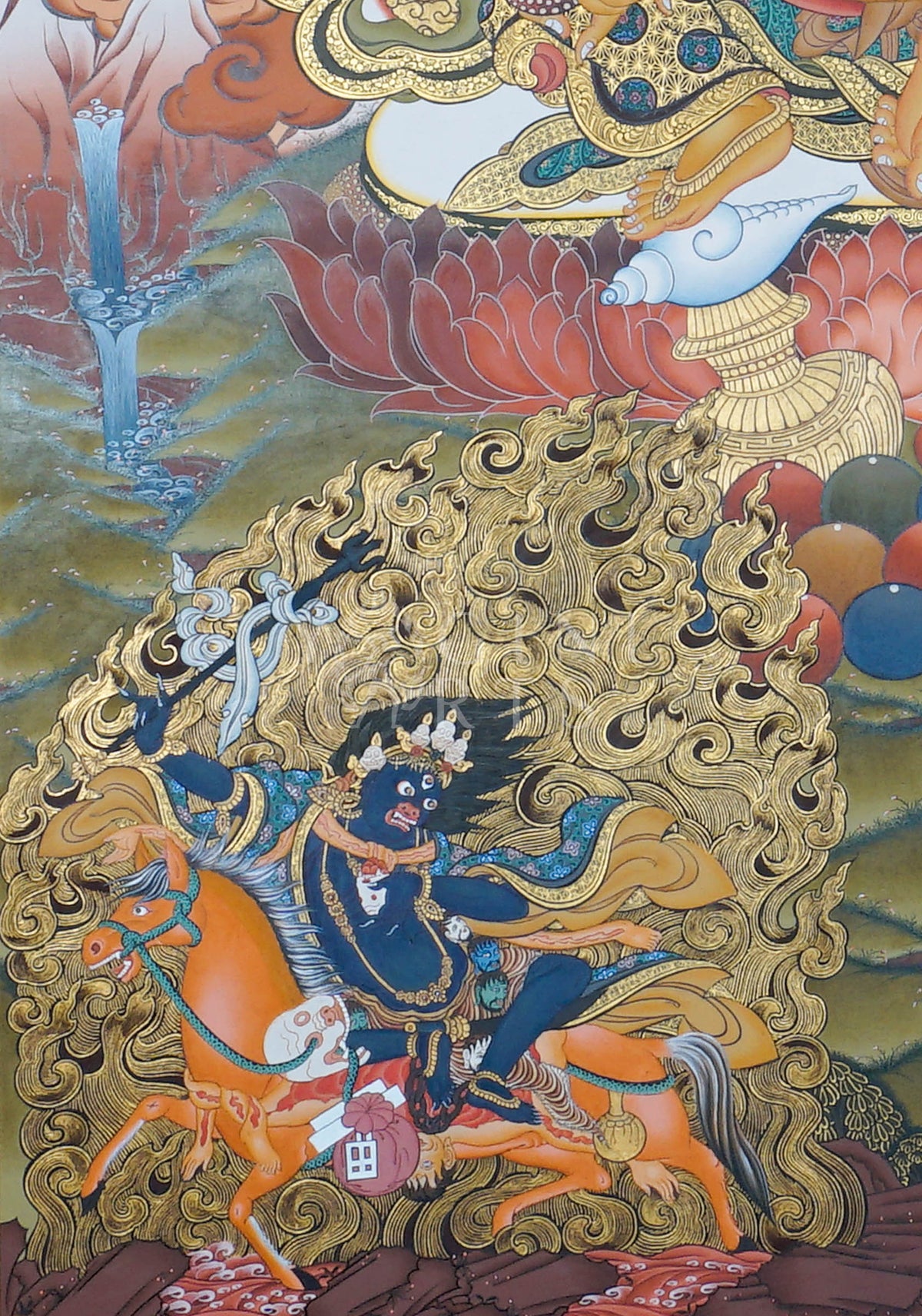 Hand-painted Yellow Zambhala Thangka with Green Tara and Black Dzambhala featuring natural mineral pigments, gold detailing, lotus throne, and traditional Himalayan landscape.
