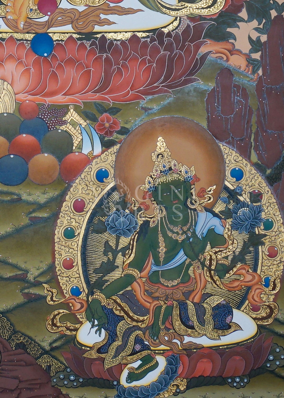 Hand-painted Yellow Zambhala Thangka with Green Tara and Black Dzambhala featuring natural mineral pigments, gold detailing, lotus throne, and traditional Himalayan landscape.