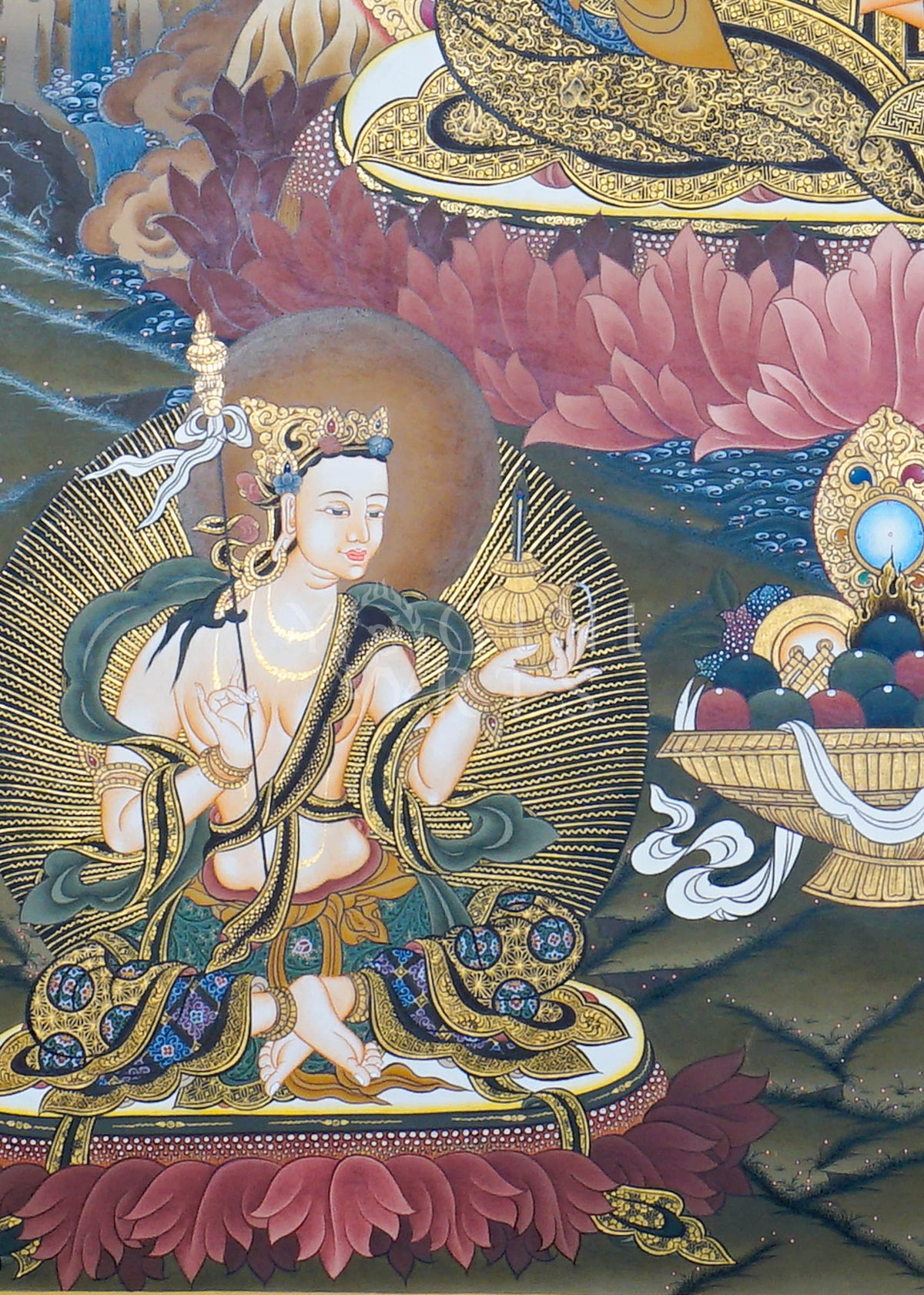 Hand-painted Guru Rinpoche Thangka featuring Guru Padmasambhava with White Tara and Amitayus, natural mineral pigments, gold detailing, and a traditional Himalayan landscape.