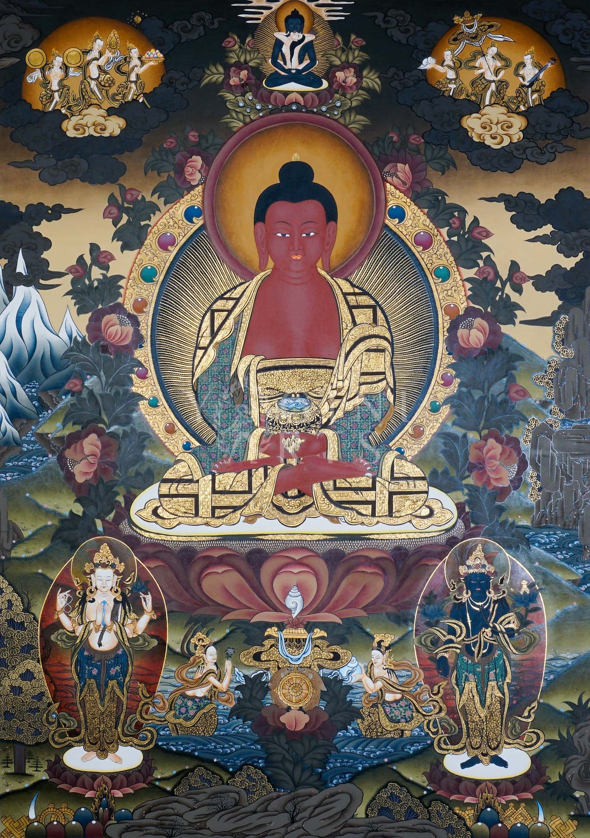 Hand-painted Amitabha Buddha Thangka depicting Amitabha with Chenrezig and Vajrapani, featuring natural mineral pigments, gold detailing, lotus throne, and a traditional Himalayan landscape.