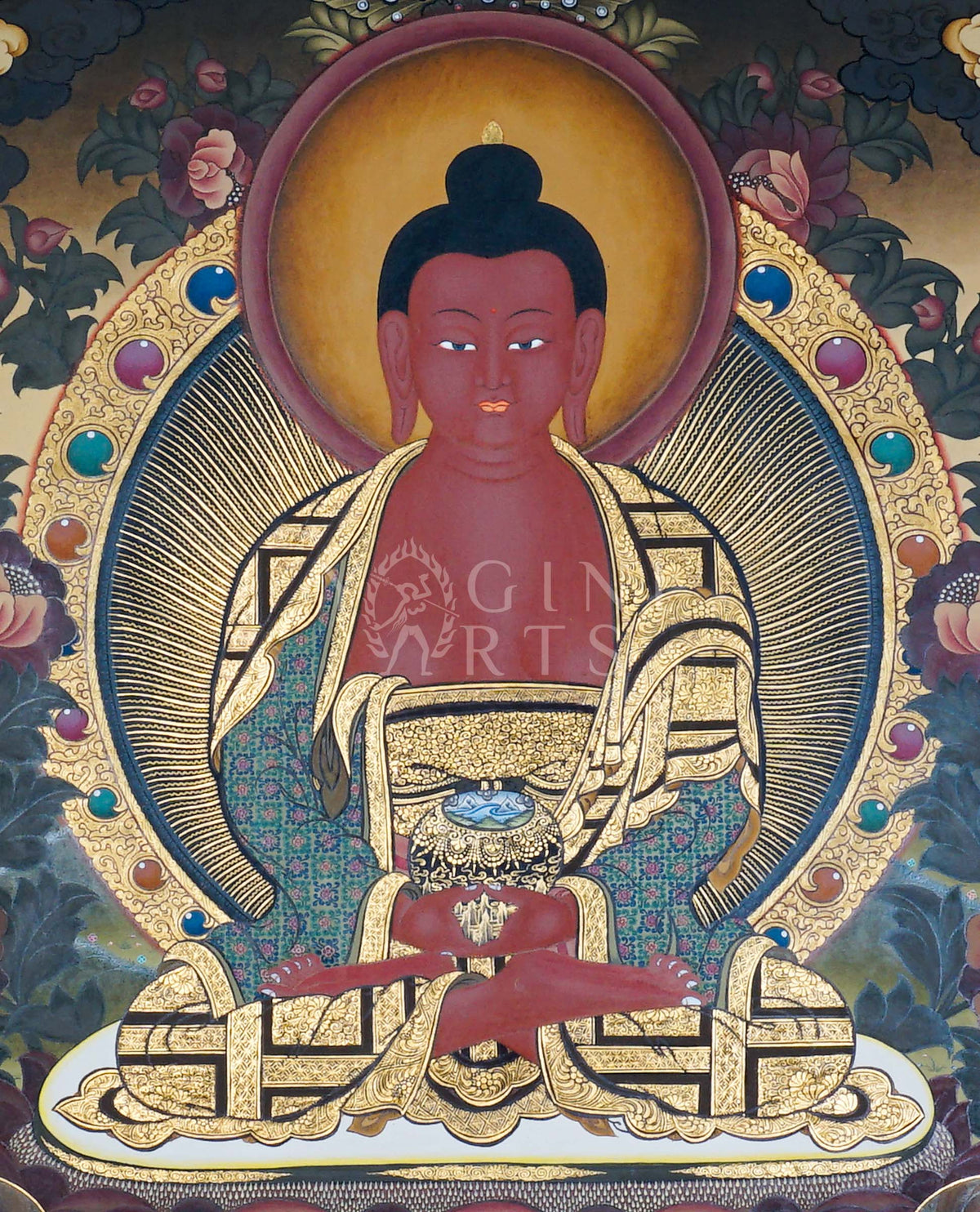 Hand-painted Amitabha Buddha Thangka depicting Amitabha with Chenrezig and Vajrapani, featuring natural mineral pigments, gold detailing, lotus throne, and a traditional Himalayan landscape.