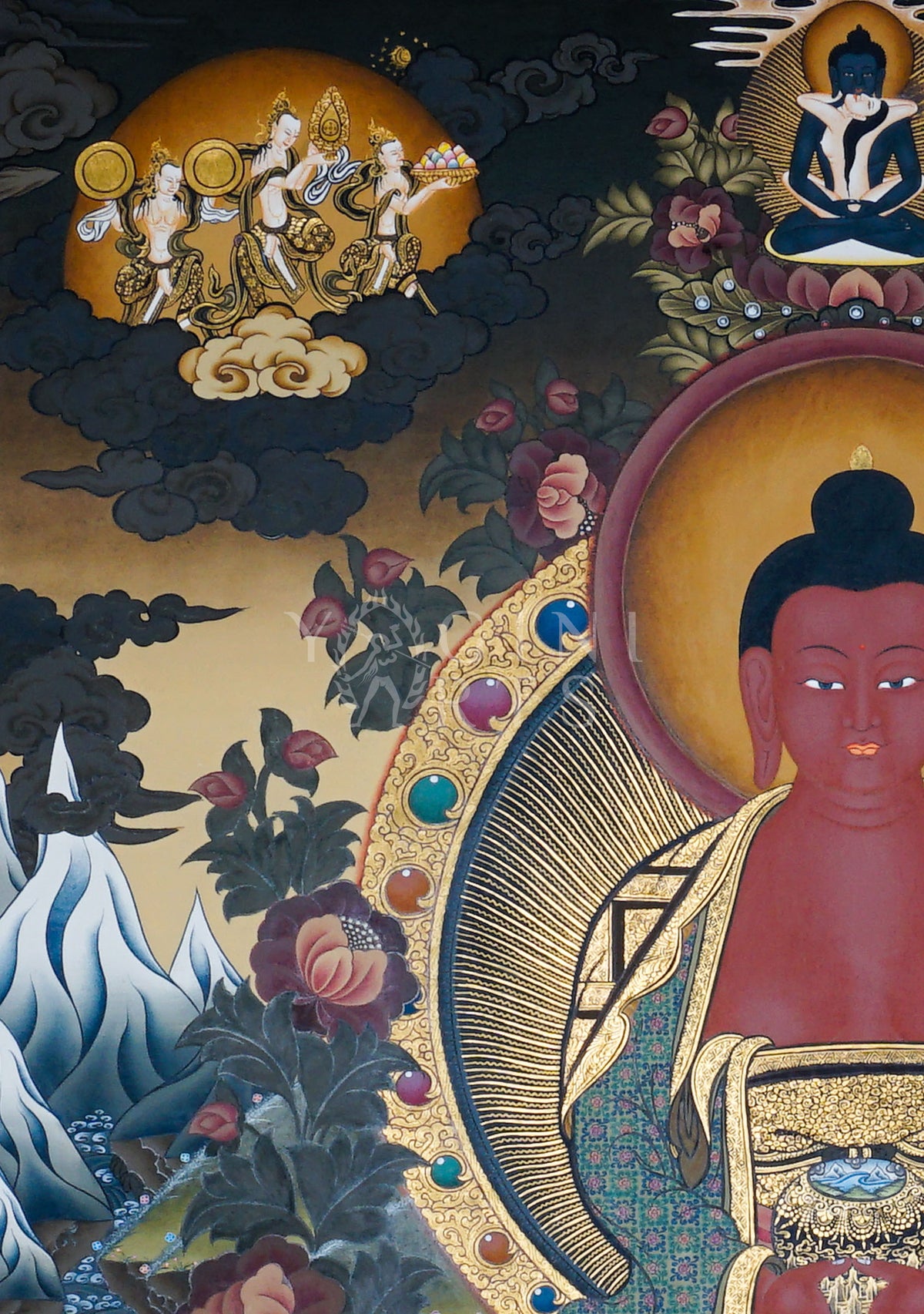 Hand-painted Amitabha Buddha Thangka depicting Amitabha with Chenrezig and Vajrapani, featuring natural mineral pigments, gold detailing, lotus throne, and a traditional Himalayan landscape.