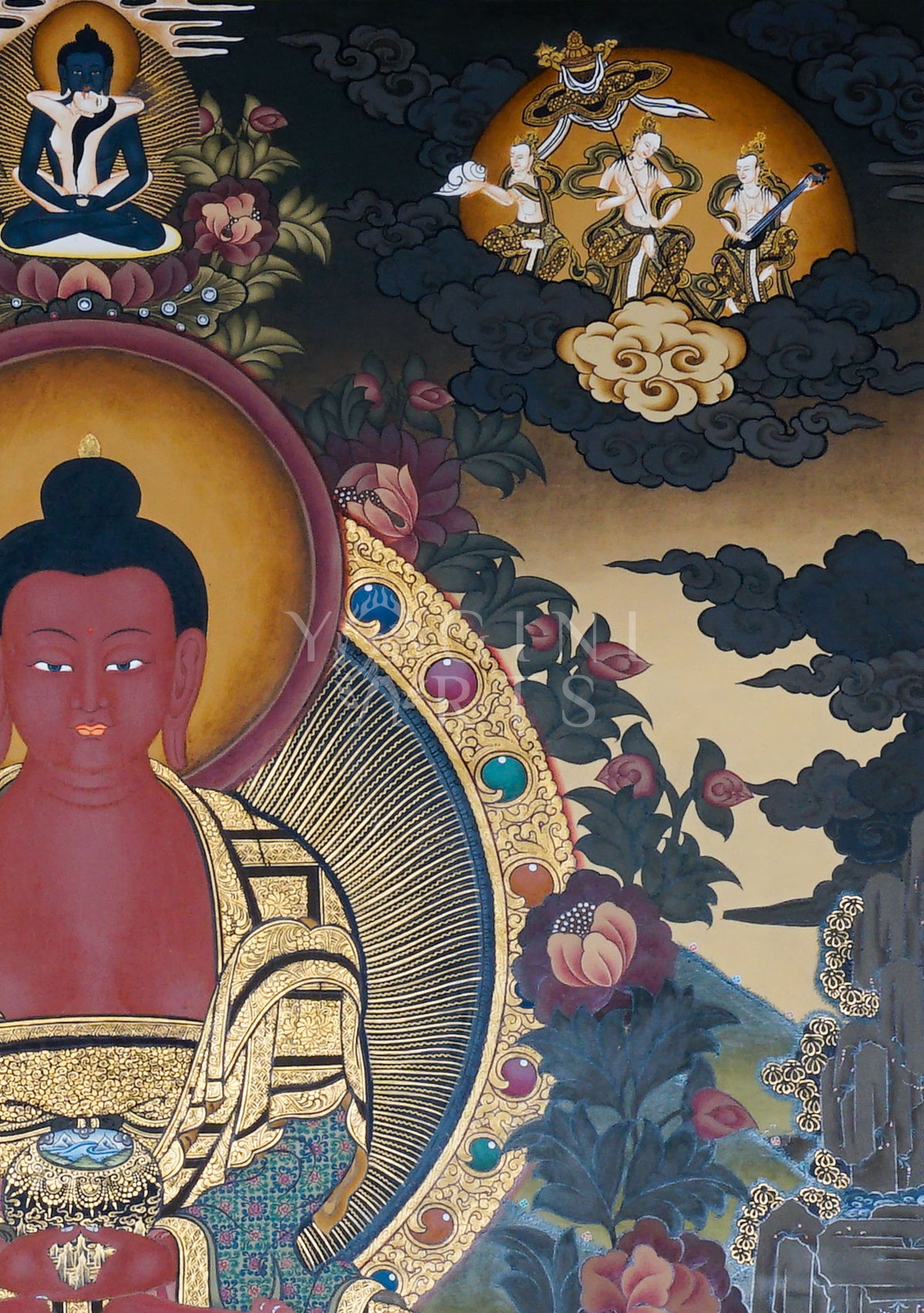 Hand-painted Amitabha Buddha Thangka depicting Amitabha with Chenrezig and Vajrapani, featuring natural mineral pigments, gold detailing, lotus throne, and a traditional Himalayan landscape.