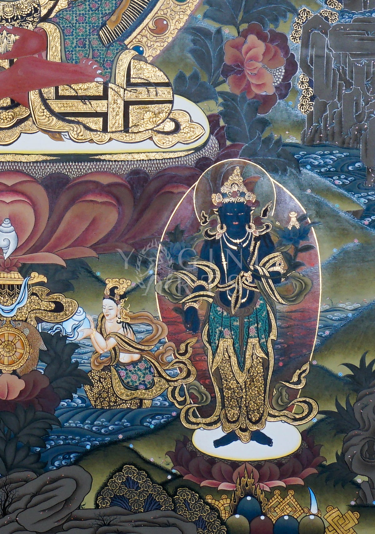 Hand-painted Amitabha Buddha Thangka depicting Amitabha with Chenrezig and Vajrapani, featuring natural mineral pigments, gold detailing, lotus throne, and a traditional Himalayan landscape.