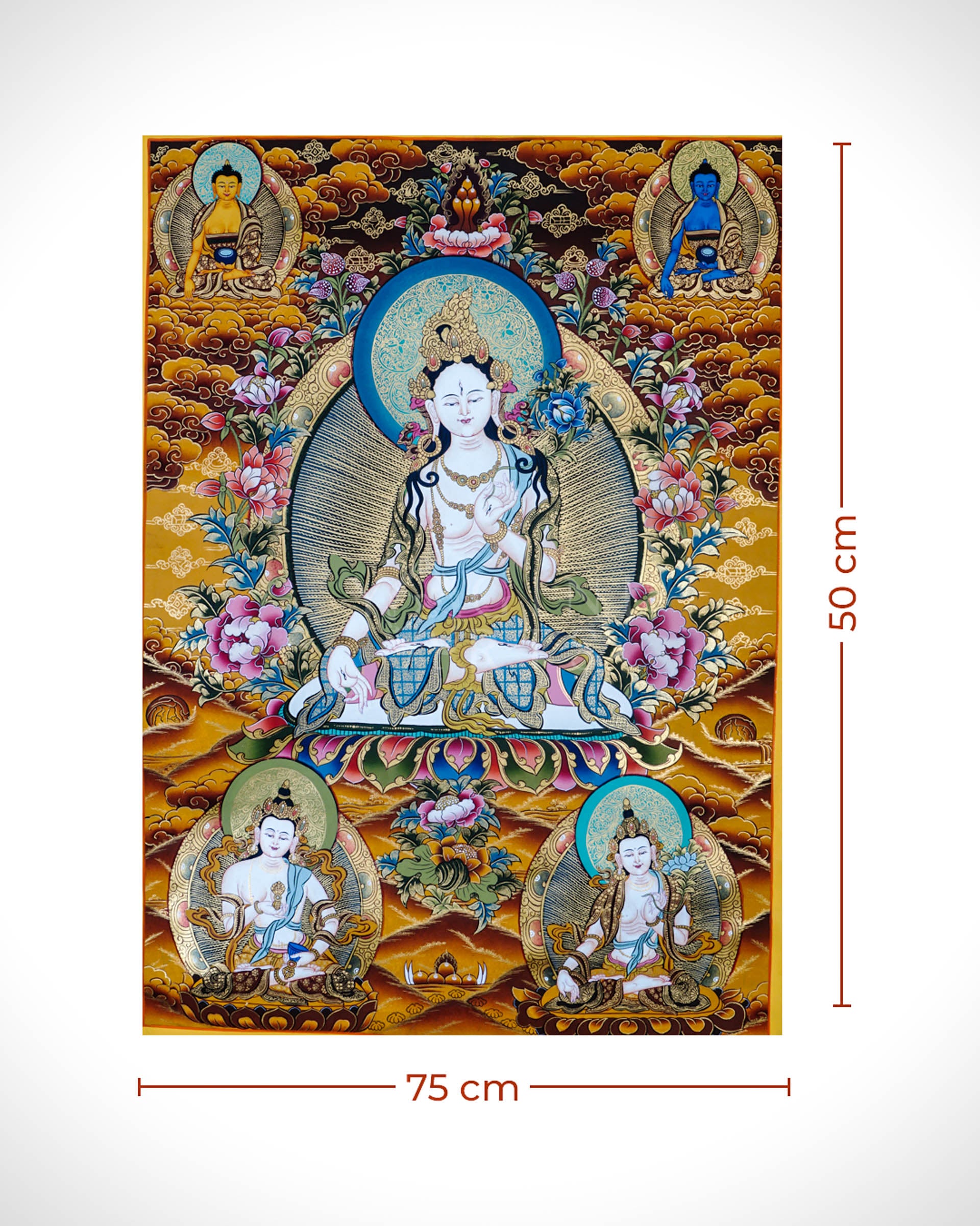 Tibetan thangka of White Tara seated on a lotus throne with seven eyes of wisdom, surrounded by attendant forms, hand-painted with traditional Himalayan Buddhist iconography