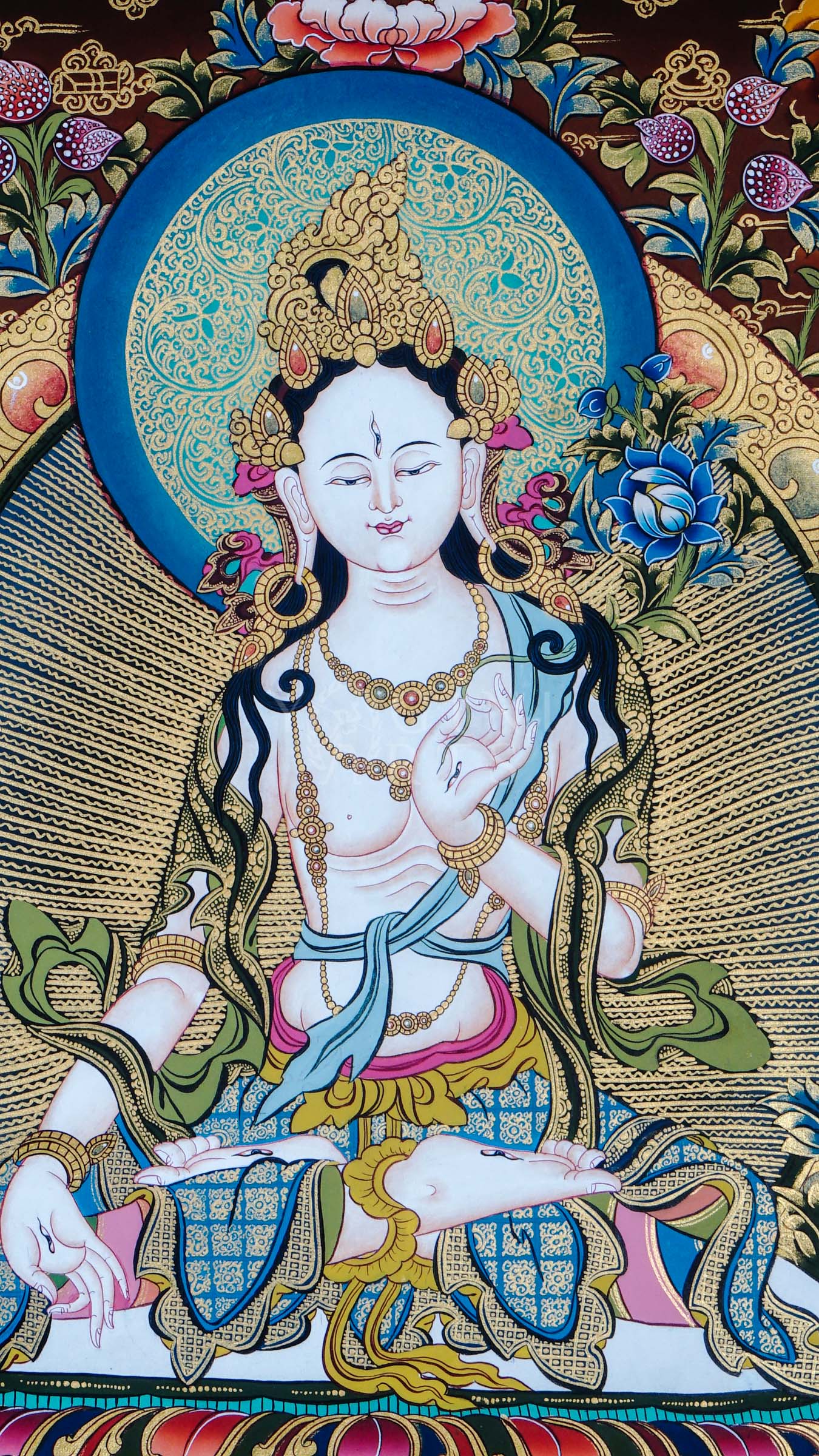 Tibetan thangka of White Tara seated on a lotus throne with seven eyes of wisdom, surrounded by attendant forms, hand-painted with traditional Himalayan Buddhist iconography