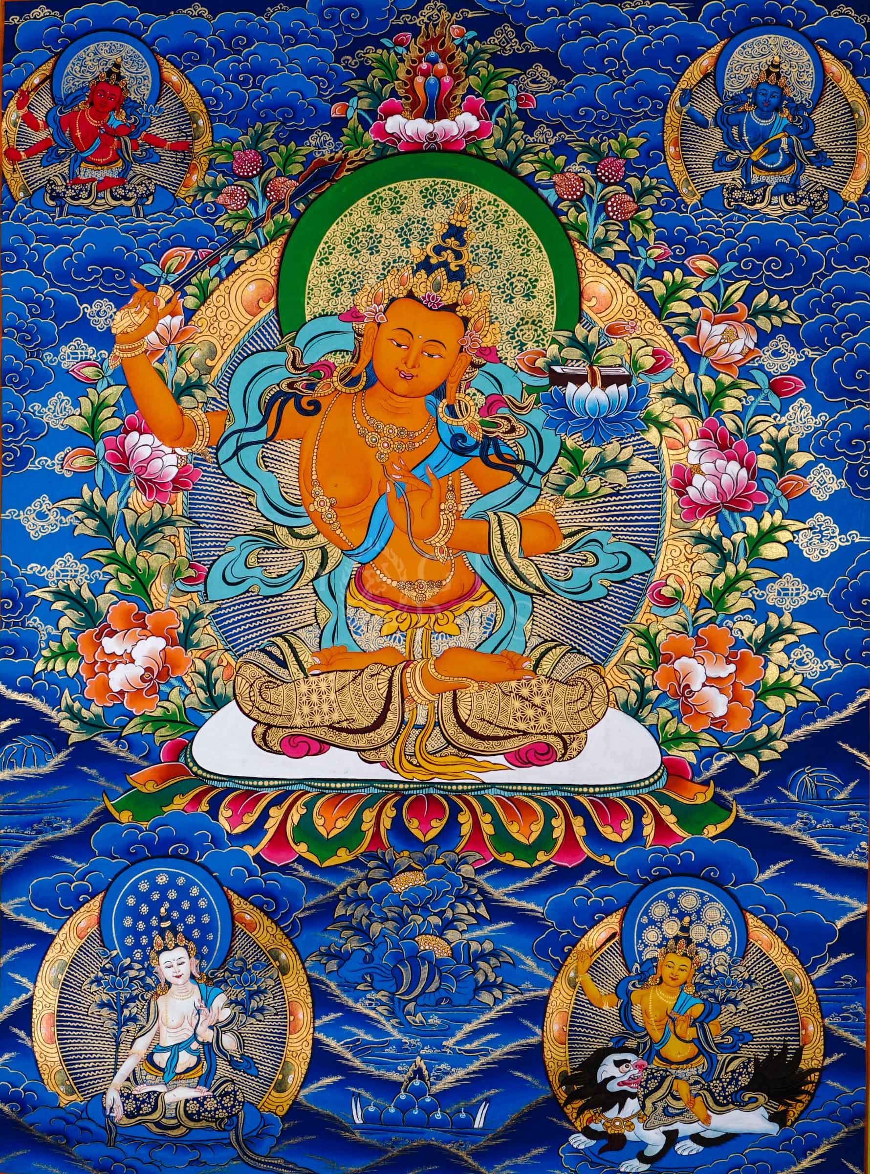 Traditional hand-painted Five Manjushri Tibetan thangka featuring the Buddhist wisdom deity with flaming sword, lotus flowers, celestial clouds, and sacred blue background