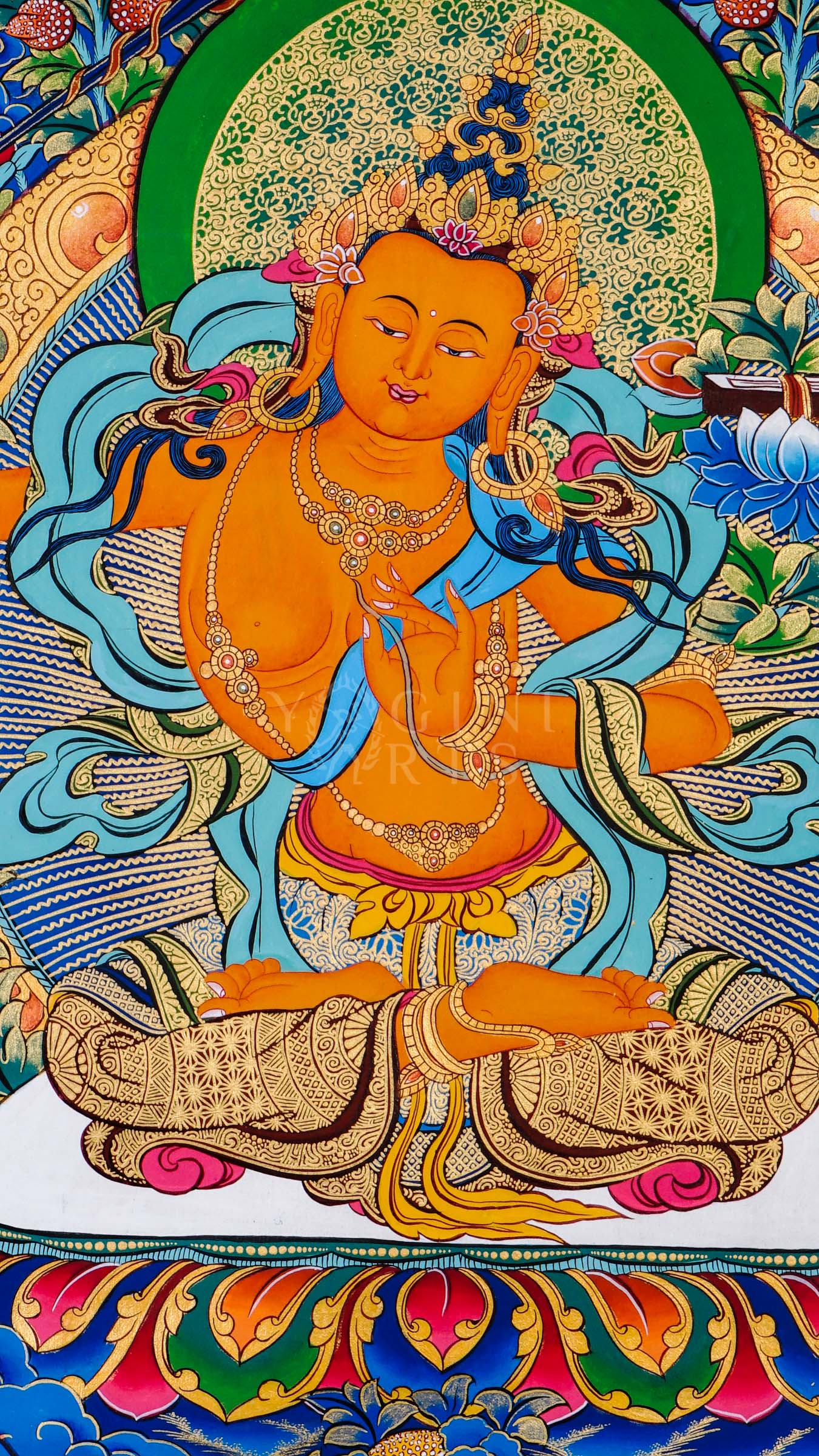 Traditional hand-painted Five Manjushri Tibetan thangka featuring the Buddhist wisdom deity with flaming sword, lotus flowers, celestial clouds, and sacred blue background
