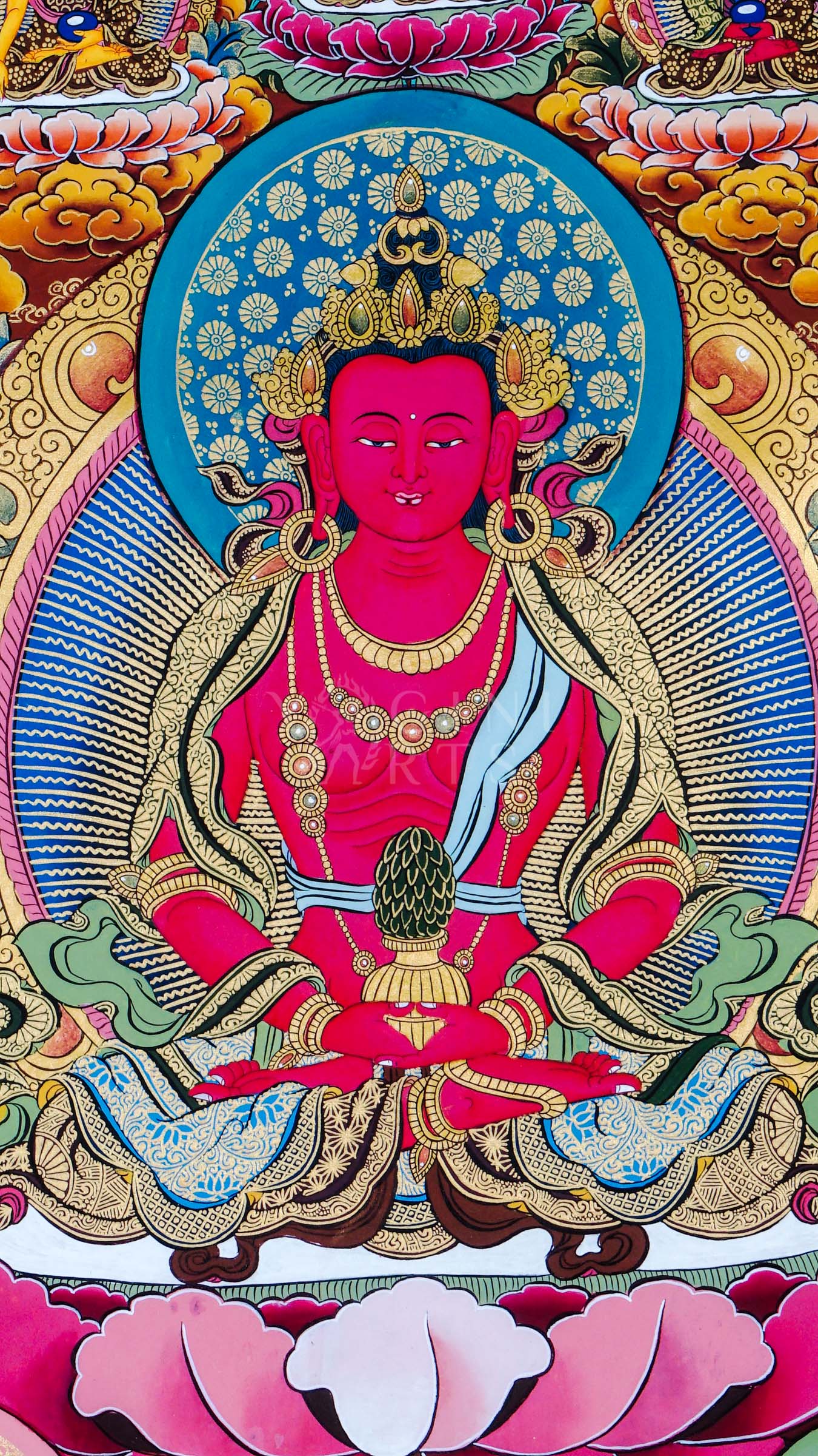 Traditional hand-painted Amitayus Buddha Tibetan thangka featuring the Buddha of Infinite Life seated on a lotus throne with sacred vase, celestial Buddhas, and vibrant floral motifs