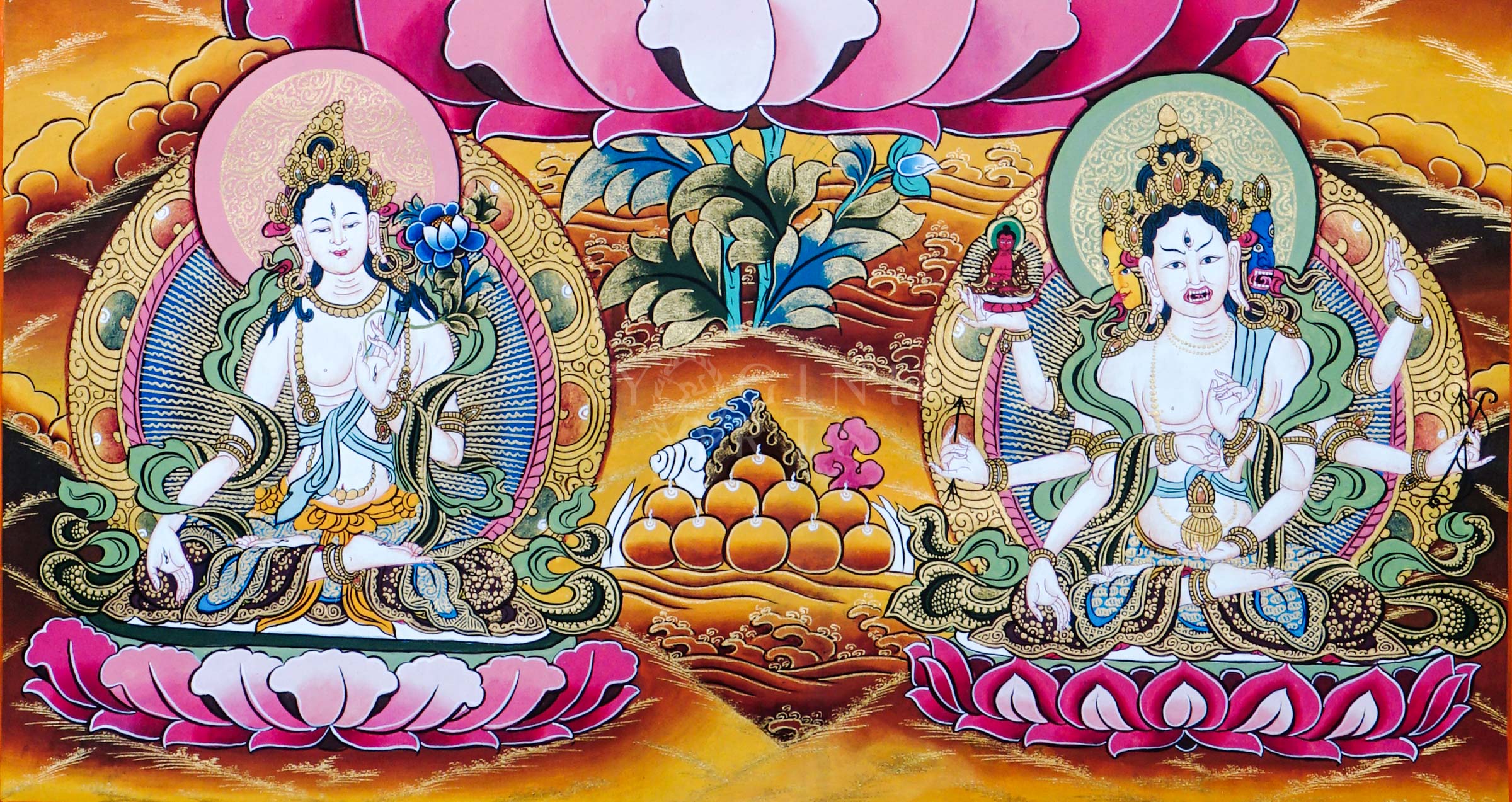 Traditional hand-painted Amitayus Buddha Tibetan thangka featuring the Buddha of Infinite Life seated on a lotus throne with sacred vase, celestial Buddhas, and vibrant floral motifs