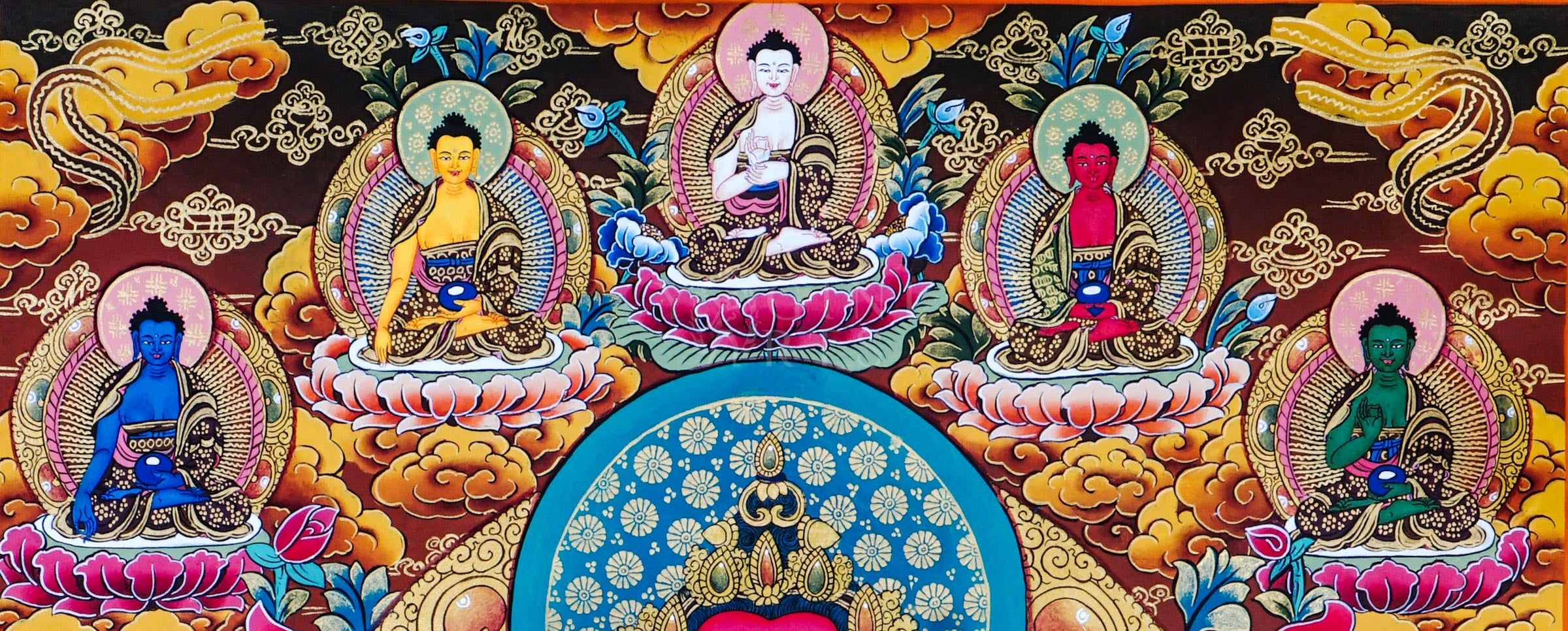 Traditional hand-painted Amitayus Buddha Tibetan thangka featuring the Buddha of Infinite Life seated on a lotus throne with sacred vase, celestial Buddhas, and vibrant floral motifs