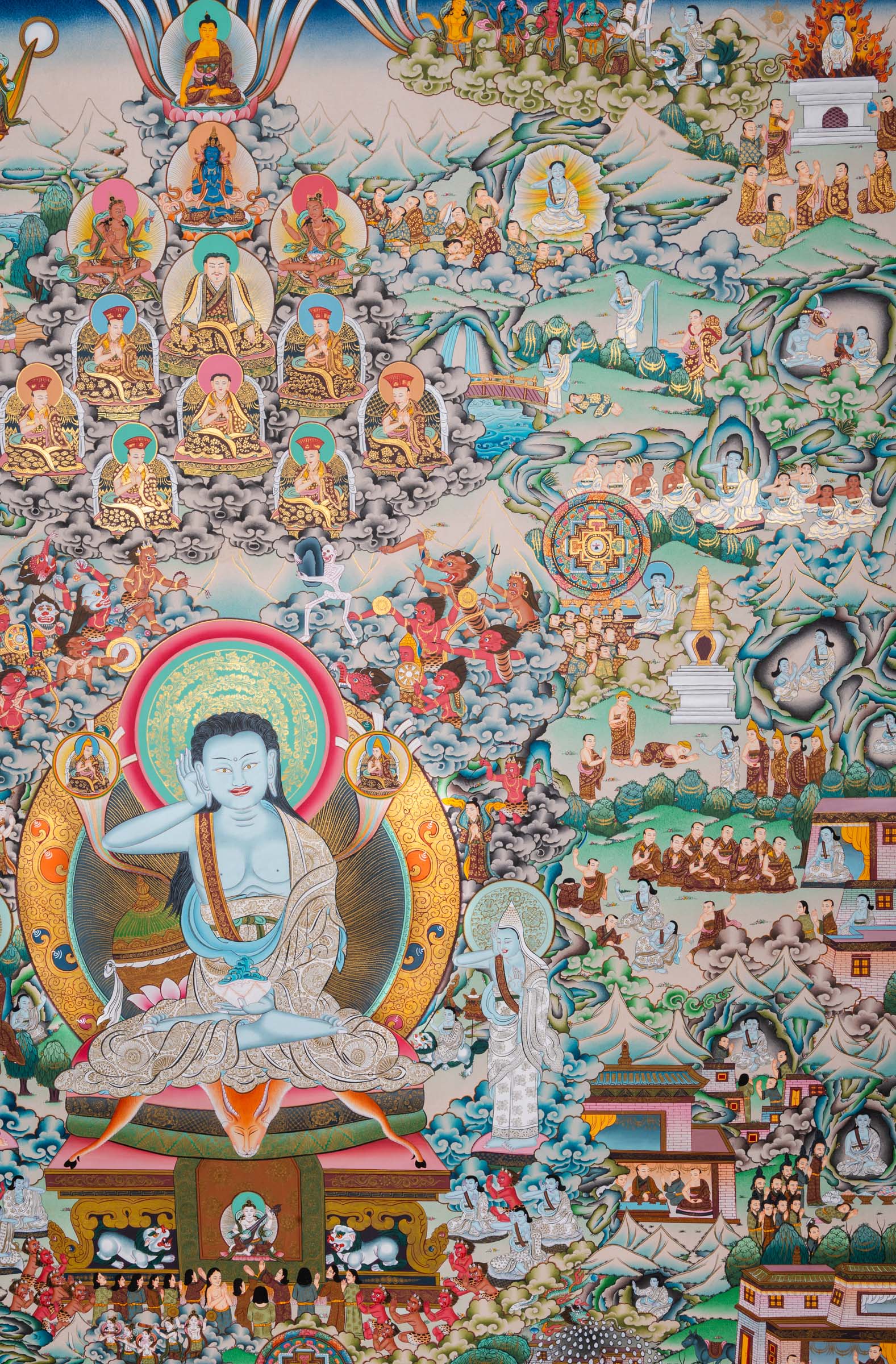 Invite the presence of Milarepa into your space. This exclusive thangka features the yogi surrounded by disciples and the intricate details of his life events. A sacred addition to your meditation practice.