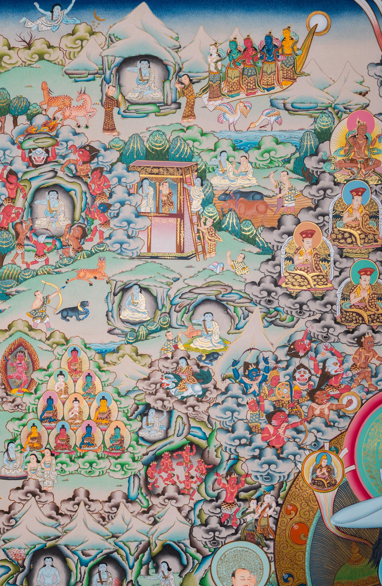 Invite the presence of Milarepa into your space. This exclusive thangka features the yogi surrounded by disciples and the intricate details of his life events. A sacred addition to your meditation practice.