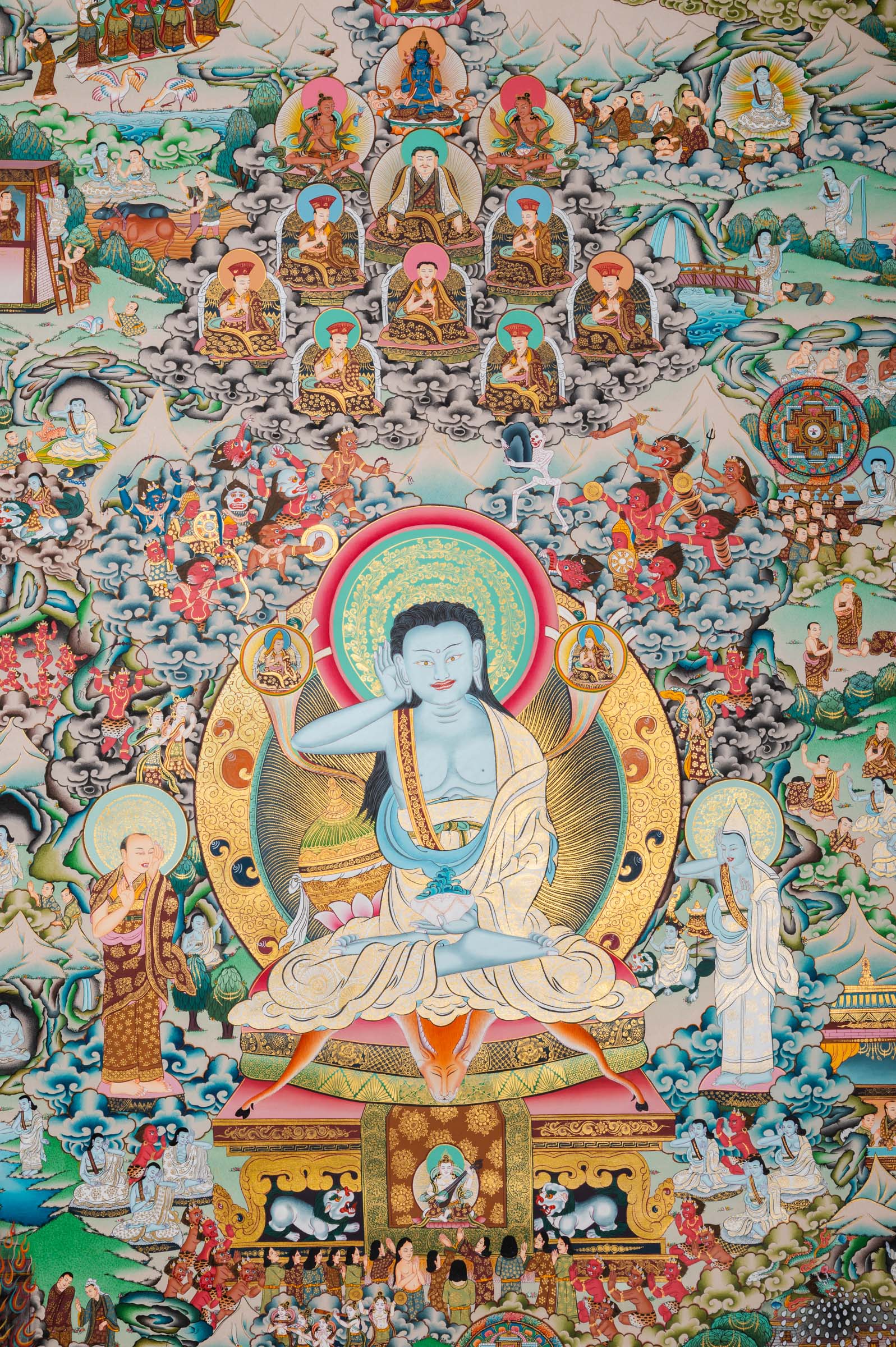 Invite the presence of Milarepa into your space. This exclusive thangka features the yogi surrounded by disciples and the intricate details of his life events. A sacred addition to your meditation practice.