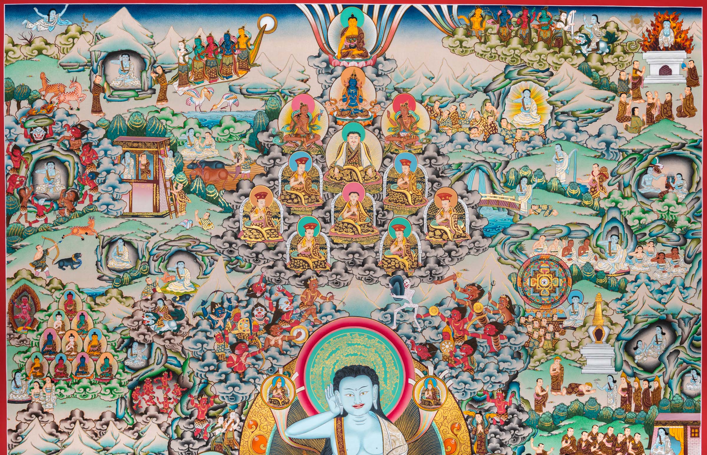 Invite the presence of Milarepa into your space. This exclusive thangka features the yogi surrounded by disciples and the intricate details of his life events. A sacred addition to your meditation practice.