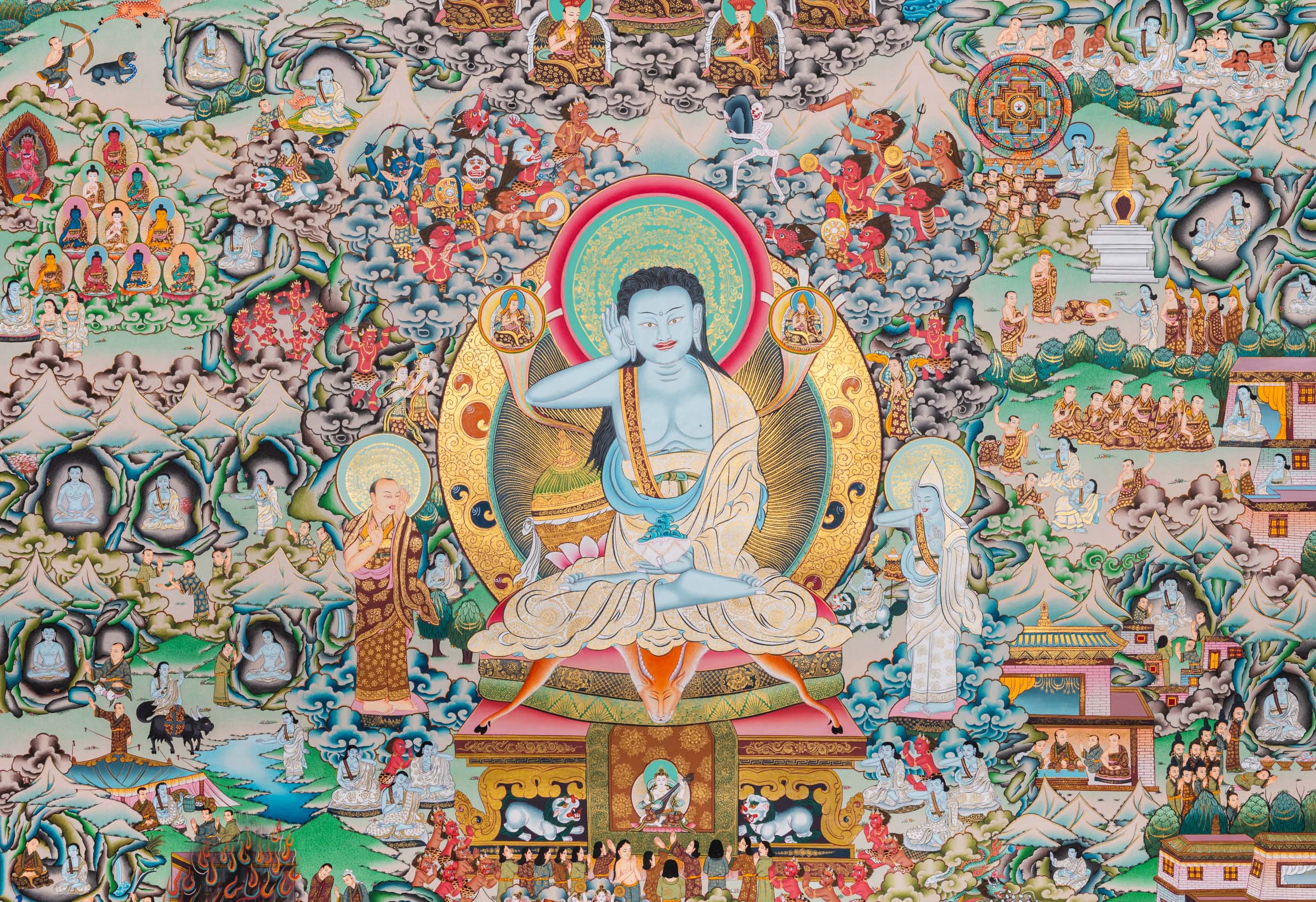 Invite the presence of Milarepa into your space. This exclusive thangka features the yogi surrounded by disciples and the intricate details of his life events. A sacred addition to your meditation practice.
