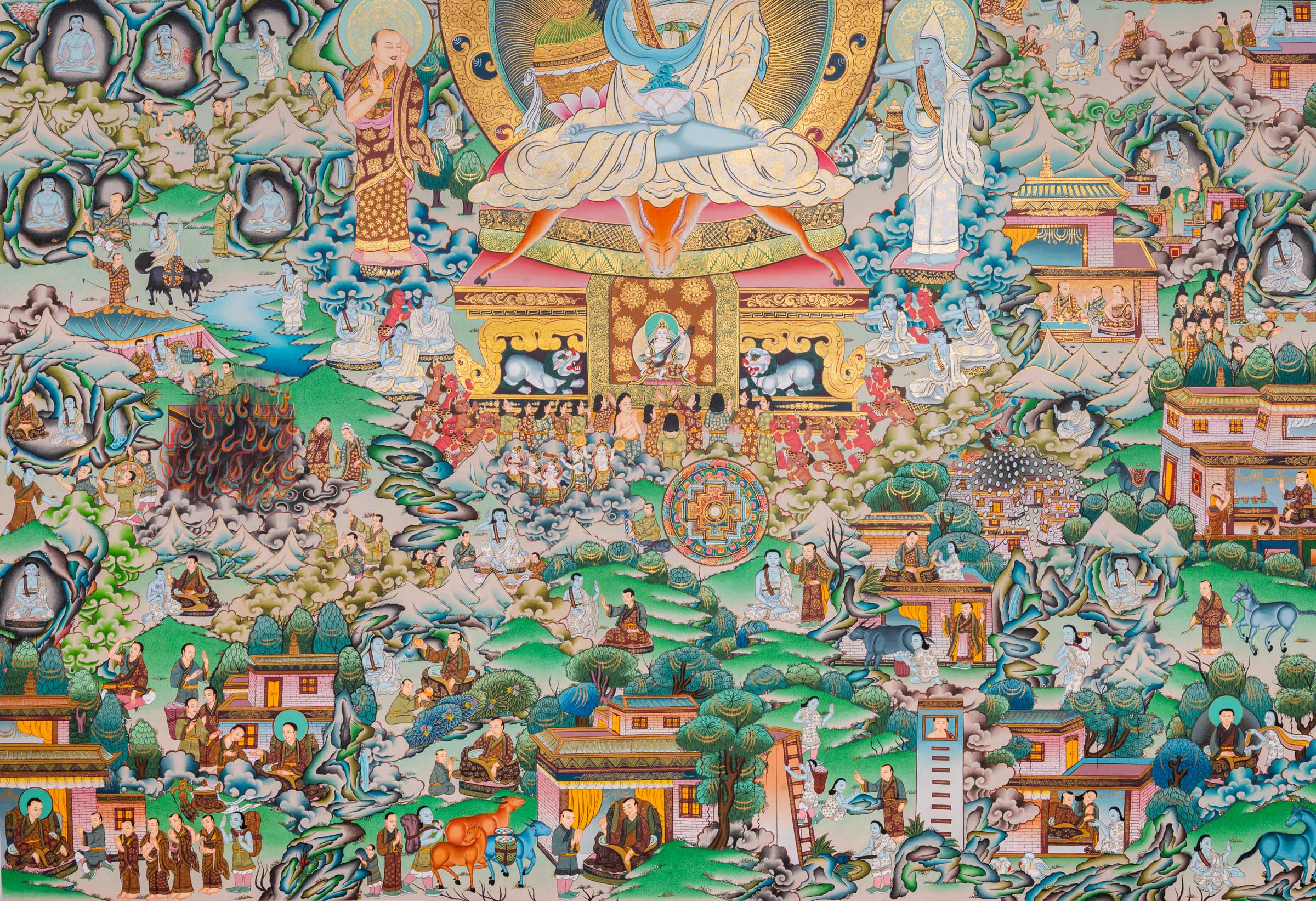 Invite the presence of Milarepa into your space. This exclusive thangka features the yogi surrounded by disciples and the intricate details of his life events. A sacred addition to your meditation practice.