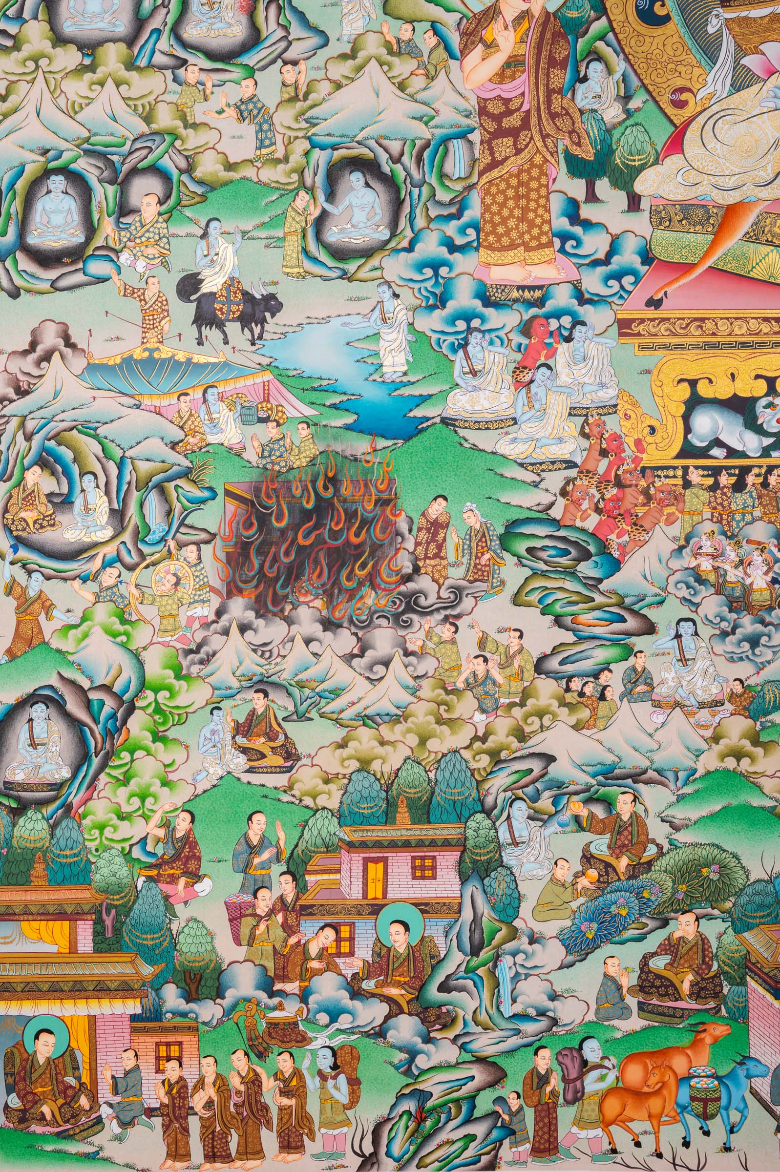 Invite the presence of Milarepa into your space. This exclusive thangka features the yogi surrounded by disciples and the intricate details of his life events. A sacred addition to your meditation practice.