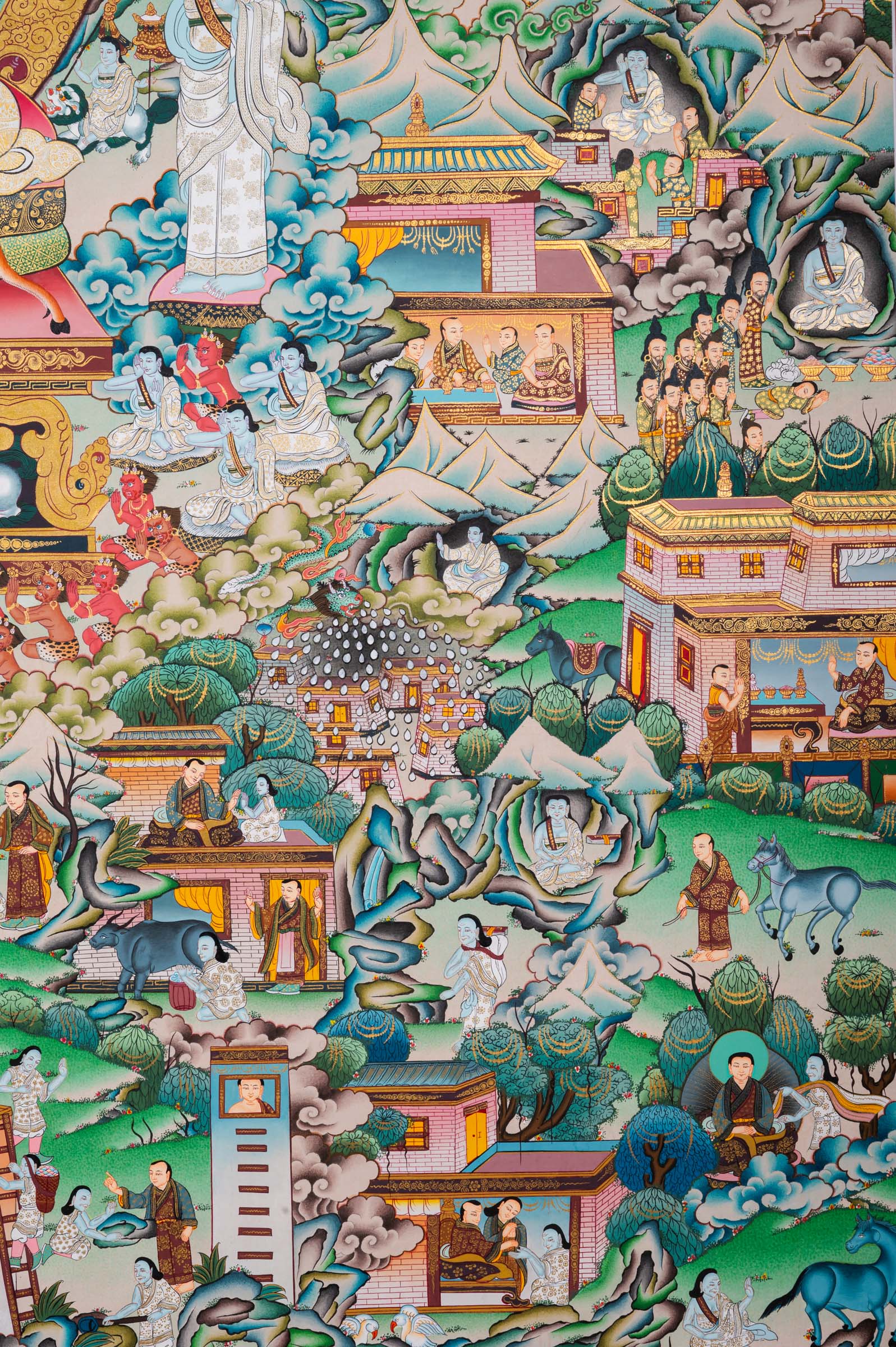 Invite the presence of Milarepa into your space. This exclusive thangka features the yogi surrounded by disciples and the intricate details of his life events. A sacred addition to your meditation practice.