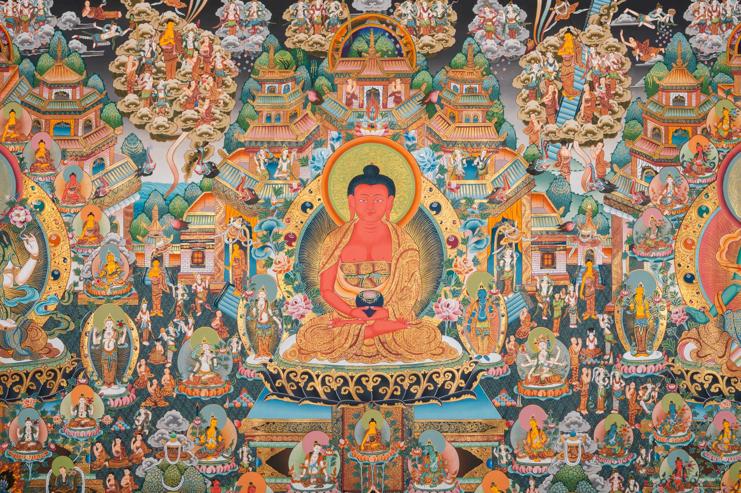Tibetan Buddhist thangka painting of Amitābha Buddha seated at the center in meditation posture holding an alms bowl, flanked by Avalokiteśvara (Chenrezig) and Green Tārā, set within the celestial Pure Land of Sukhāvatī featuring ornate palace architecture, lotus thrones, countless bodhisattvas, disciples, offering goddesses, and devotees, intricately hand-painted in traditional Tibetan style using natural mineral pigments.