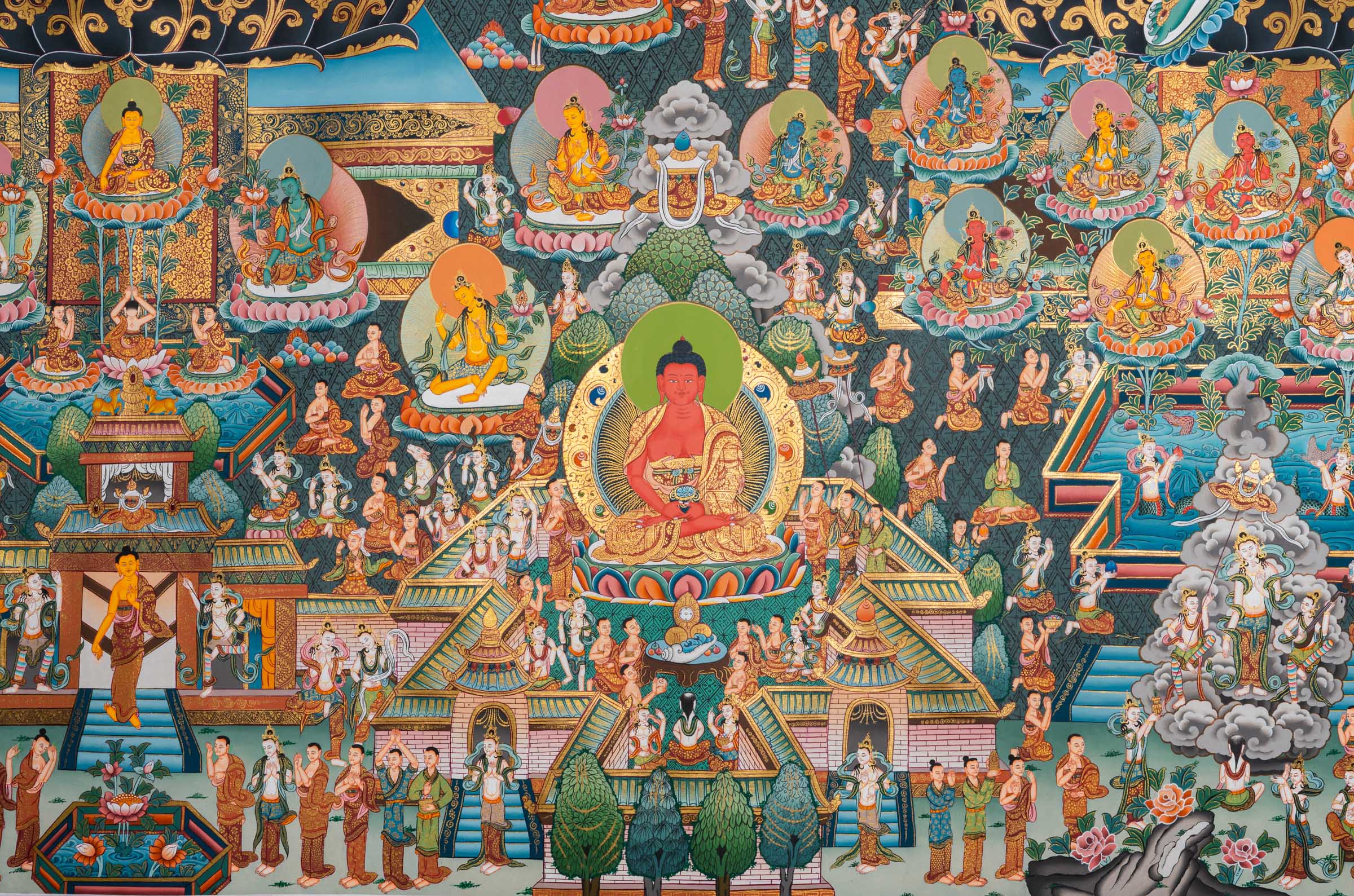 Tibetan Buddhist thangka painting of Amitābha Buddha seated at the center in meditation posture holding an alms bowl, flanked by Avalokiteśvara (Chenrezig) and Green Tārā, set within the celestial Pure Land of Sukhāvatī featuring ornate palace architecture, lotus thrones, countless bodhisattvas, disciples, offering goddesses, and devotees, intricately hand-painted in traditional Tibetan style using natural mineral pigments.