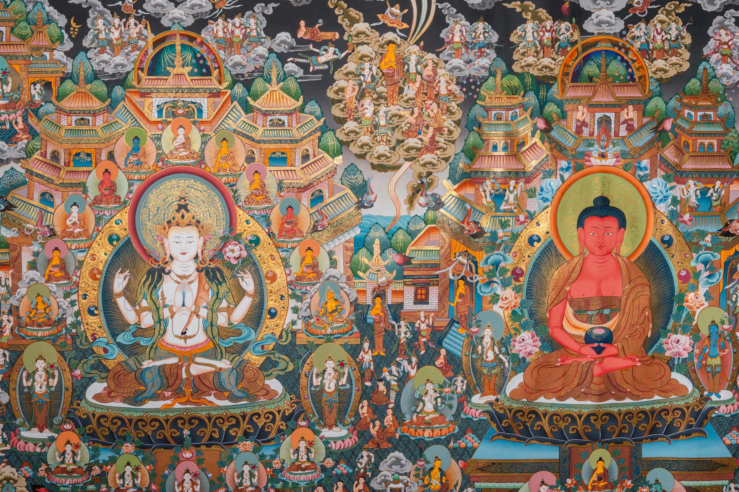 Tibetan Buddhist thangka painting of Amitābha Buddha seated at the center in meditation posture holding an alms bowl, flanked by Avalokiteśvara (Chenrezig) and Green Tārā, set within the celestial Pure Land of Sukhāvatī featuring ornate palace architecture, lotus thrones, countless bodhisattvas, disciples, offering goddesses, and devotees, intricately hand-painted in traditional Tibetan style using natural mineral pigments.