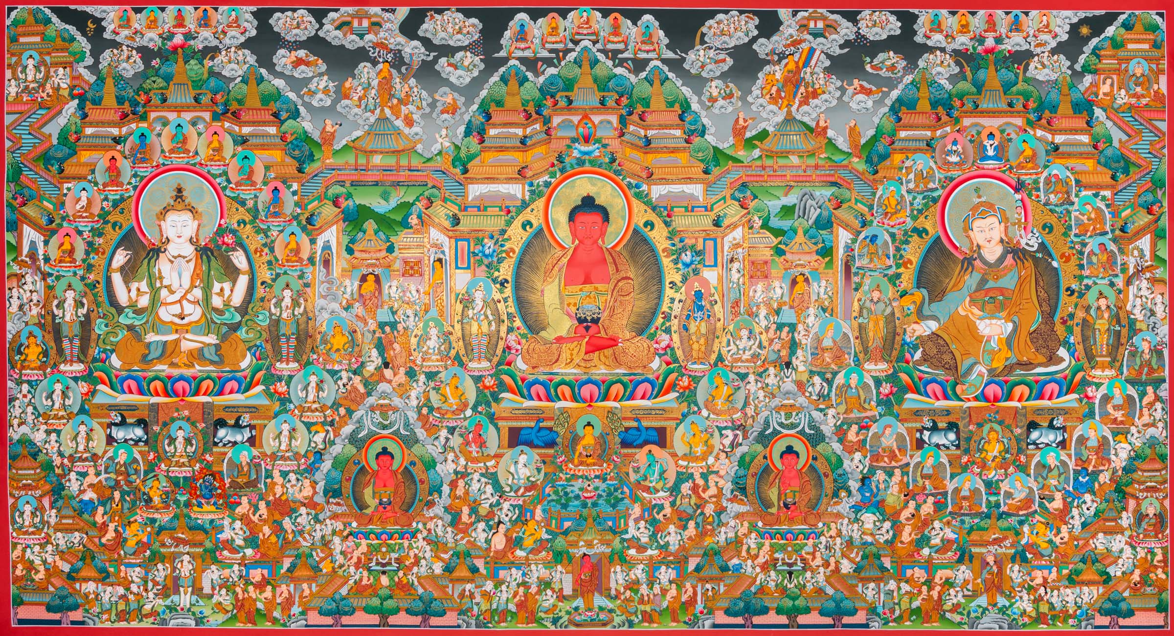 Panoramic Tibetan Buddhist thangka depicting Amitābha Buddha seated at the center on a lotus throne holding an alms bowl, flanked by Avalokiteśvara (Chenrezig) and Green Tārā, within the celestial Pure Land of Sukhāvatī filled with ornate palace architecture, lotus pavilions, offering goddesses, bodhisattvas, disciples, celestial musicians, and devotees, richly hand-painted in traditional Tibetan style using natural mineral pigments.