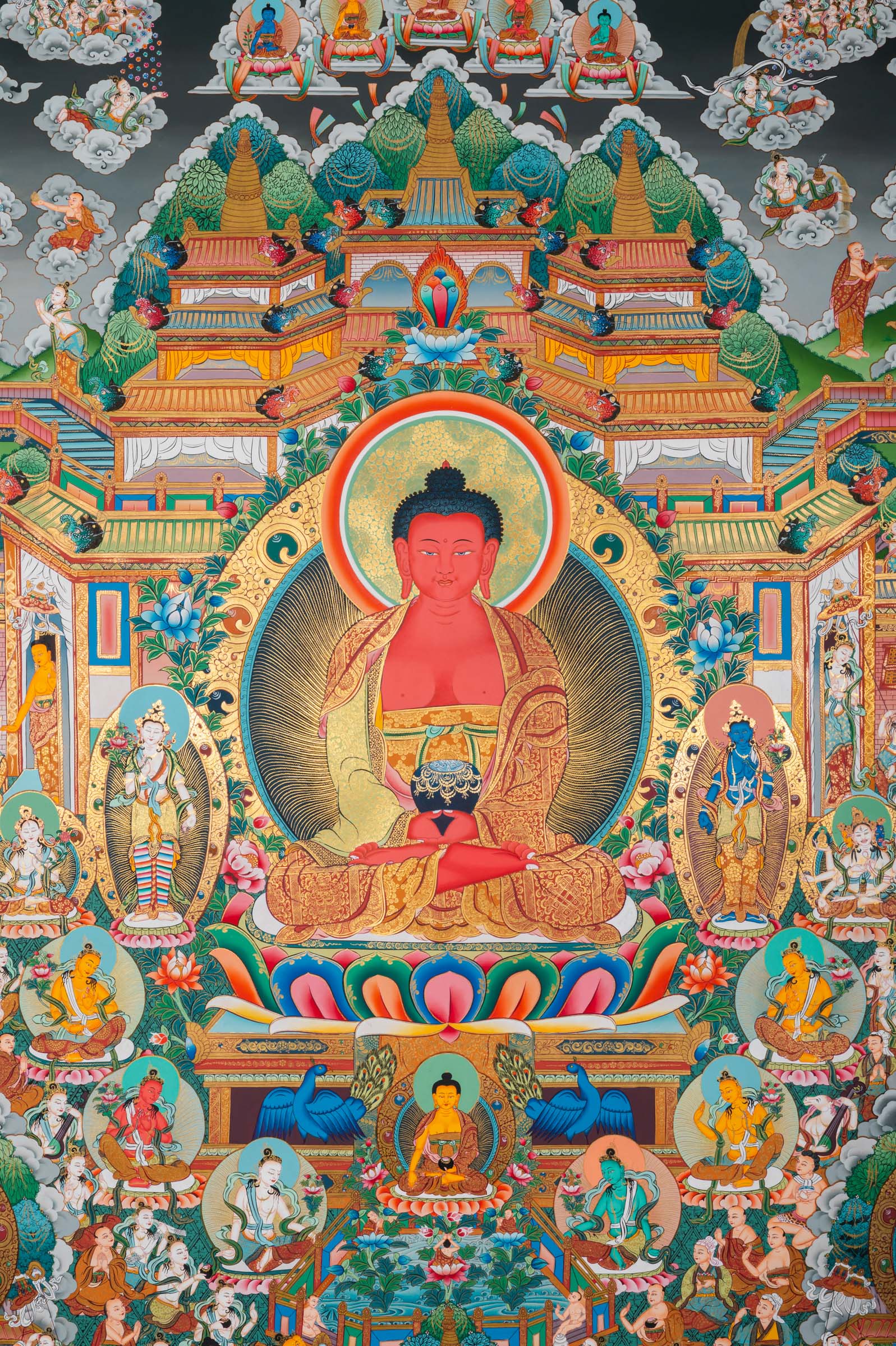 Panoramic Tibetan Buddhist thangka depicting Amitābha Buddha seated at the center on a lotus throne holding an alms bowl, flanked by Avalokiteśvara (Chenrezig) and Green Tārā, within the celestial Pure Land of Sukhāvatī filled with ornate palace architecture, lotus pavilions, offering goddesses, bodhisattvas, disciples, celestial musicians, and devotees, richly hand-painted in traditional Tibetan style using natural mineral pigments.