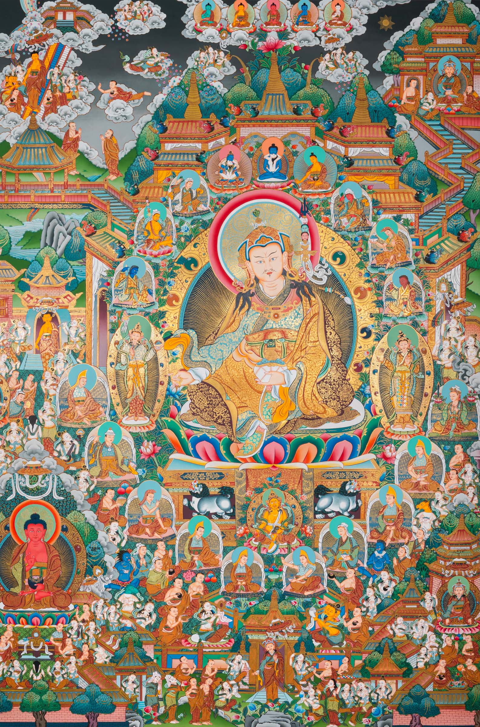 Panoramic Tibetan Buddhist thangka depicting Amitābha Buddha seated at the center on a lotus throne holding an alms bowl, flanked by Avalokiteśvara (Chenrezig) and Green Tārā, within the celestial Pure Land of Sukhāvatī filled with ornate palace architecture, lotus pavilions, offering goddesses, bodhisattvas, disciples, celestial musicians, and devotees, richly hand-painted in traditional Tibetan style using natural mineral pigments.