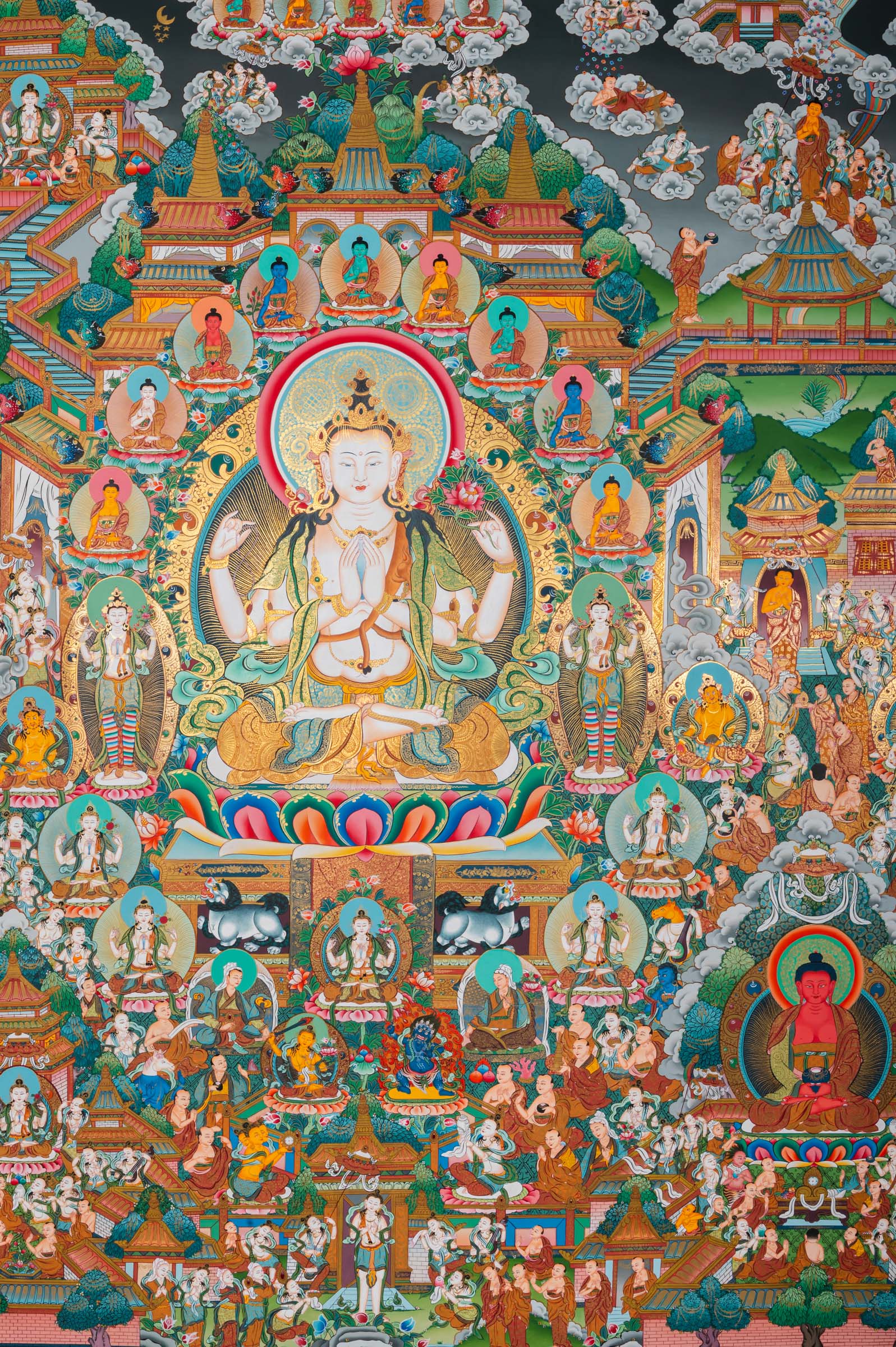 Panoramic Tibetan Buddhist thangka depicting Amitābha Buddha seated at the center on a lotus throne holding an alms bowl, flanked by Avalokiteśvara (Chenrezig) and Green Tārā, within the celestial Pure Land of Sukhāvatī filled with ornate palace architecture, lotus pavilions, offering goddesses, bodhisattvas, disciples, celestial musicians, and devotees, richly hand-painted in traditional Tibetan style using natural mineral pigments.